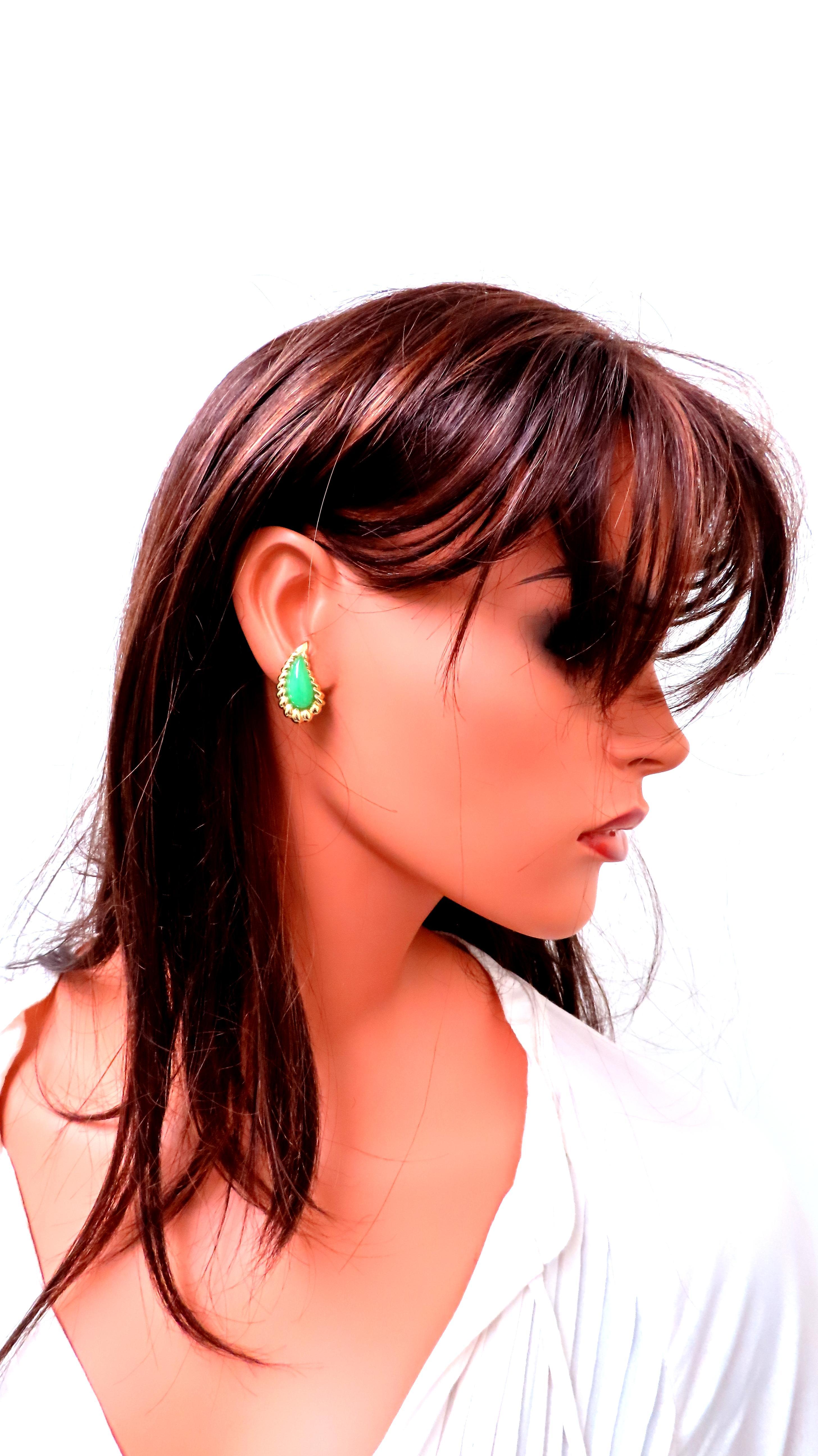 Pear Shape Jadeite Fern 3D clip earrings 18kt Gold 12603 In New Condition For Sale In New York, NY