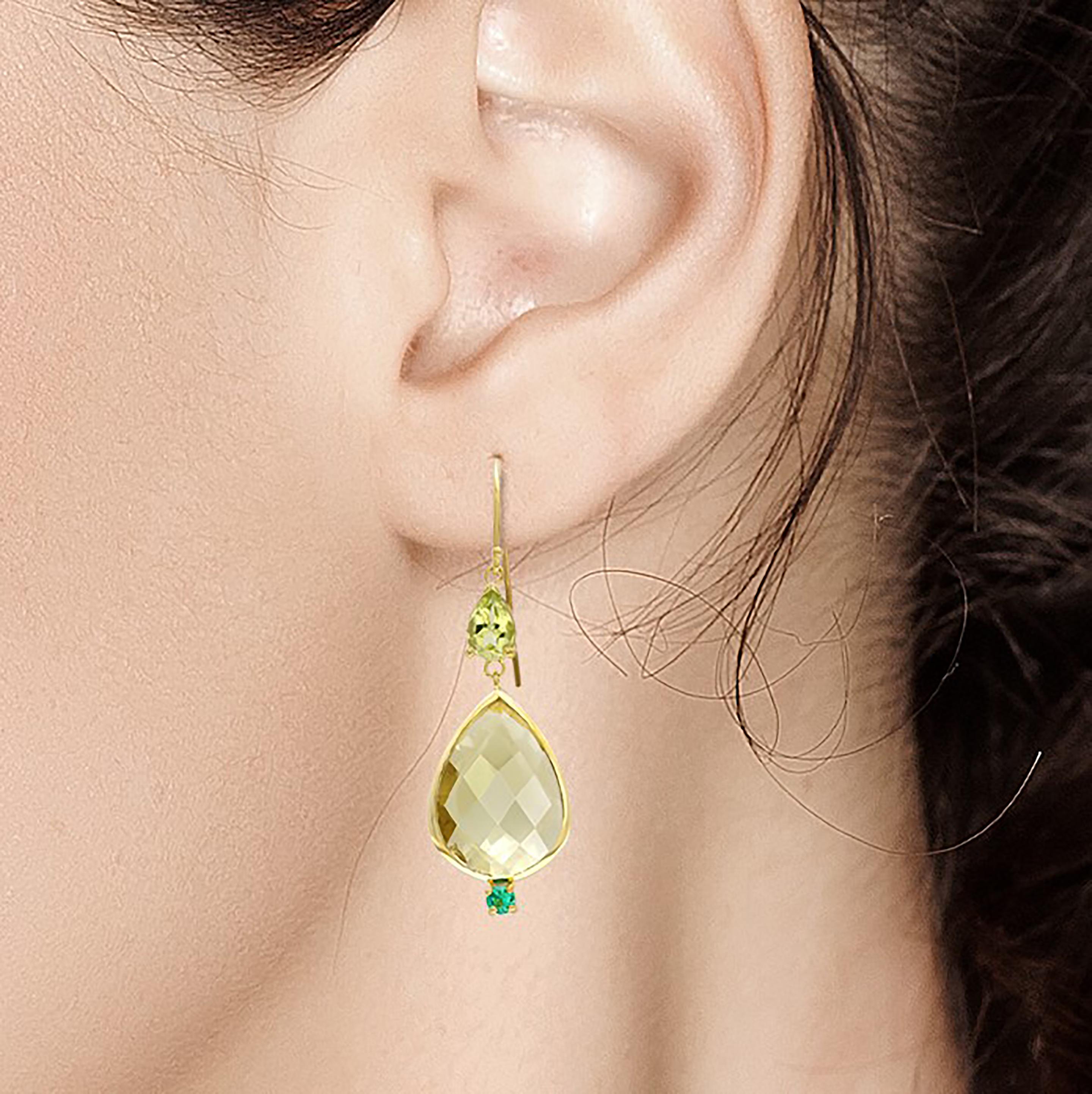 Pear Cut Pear Shape Lemon Citrine Emerald Peridot Bezel Set Two Inch Gold Hoop Earrings