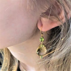 Pear Shape Lemon Citrine Emerald Peridot Bezel Set Two Inch Gold Hoop Earrings