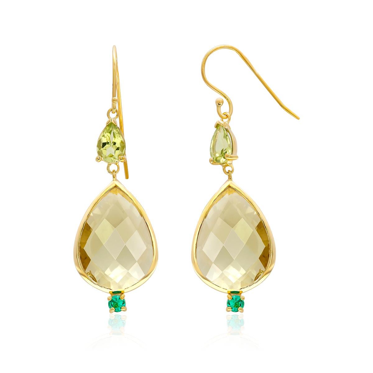 Women's Pear Shape Lemon Citrine Emerald Peridot Bezel Set Two Inch Gold Hoop Earrings