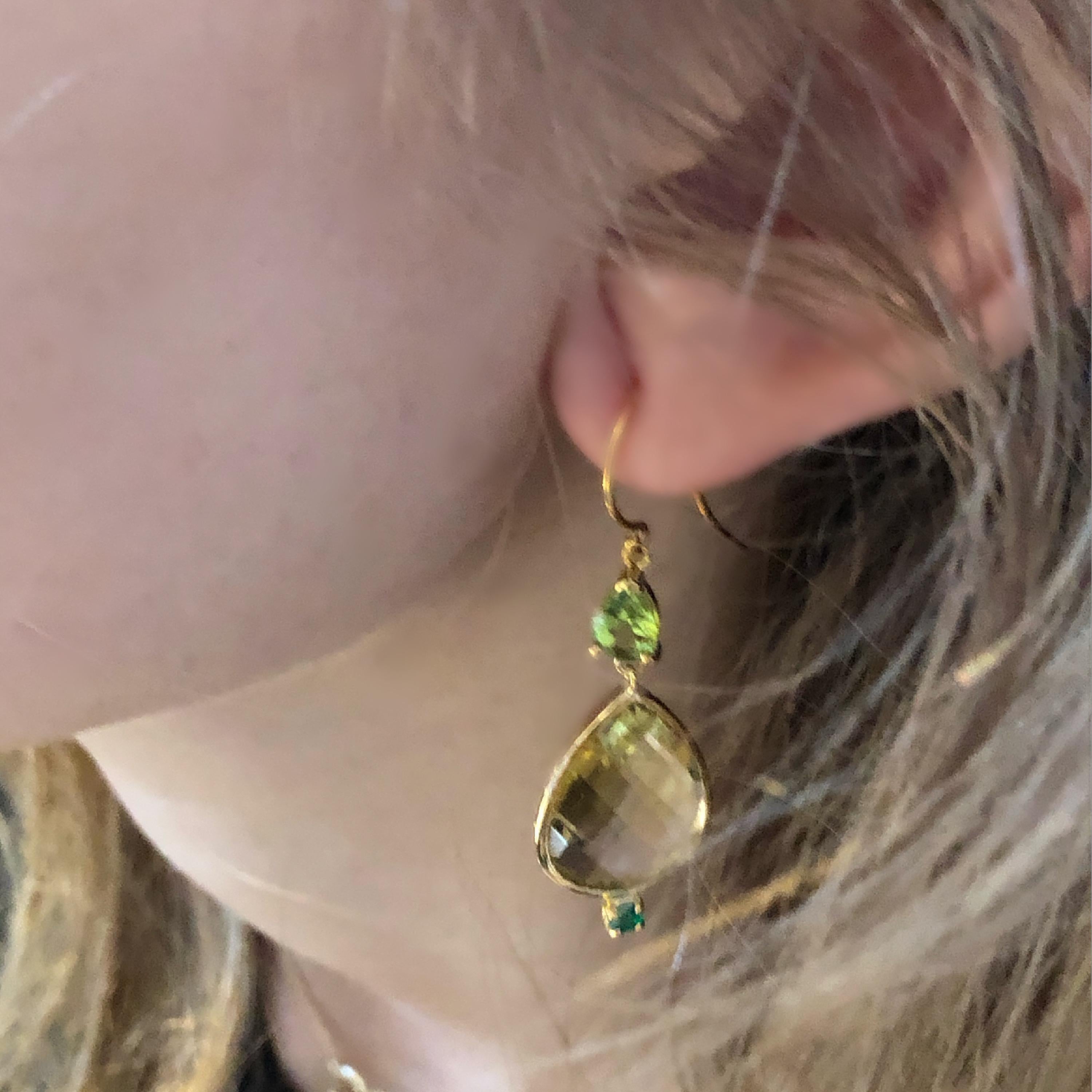 Contemporary Pear Shape Lemon Citrine Emerald Peridot Bezel Set Two Inch Gold Hoop Earrings