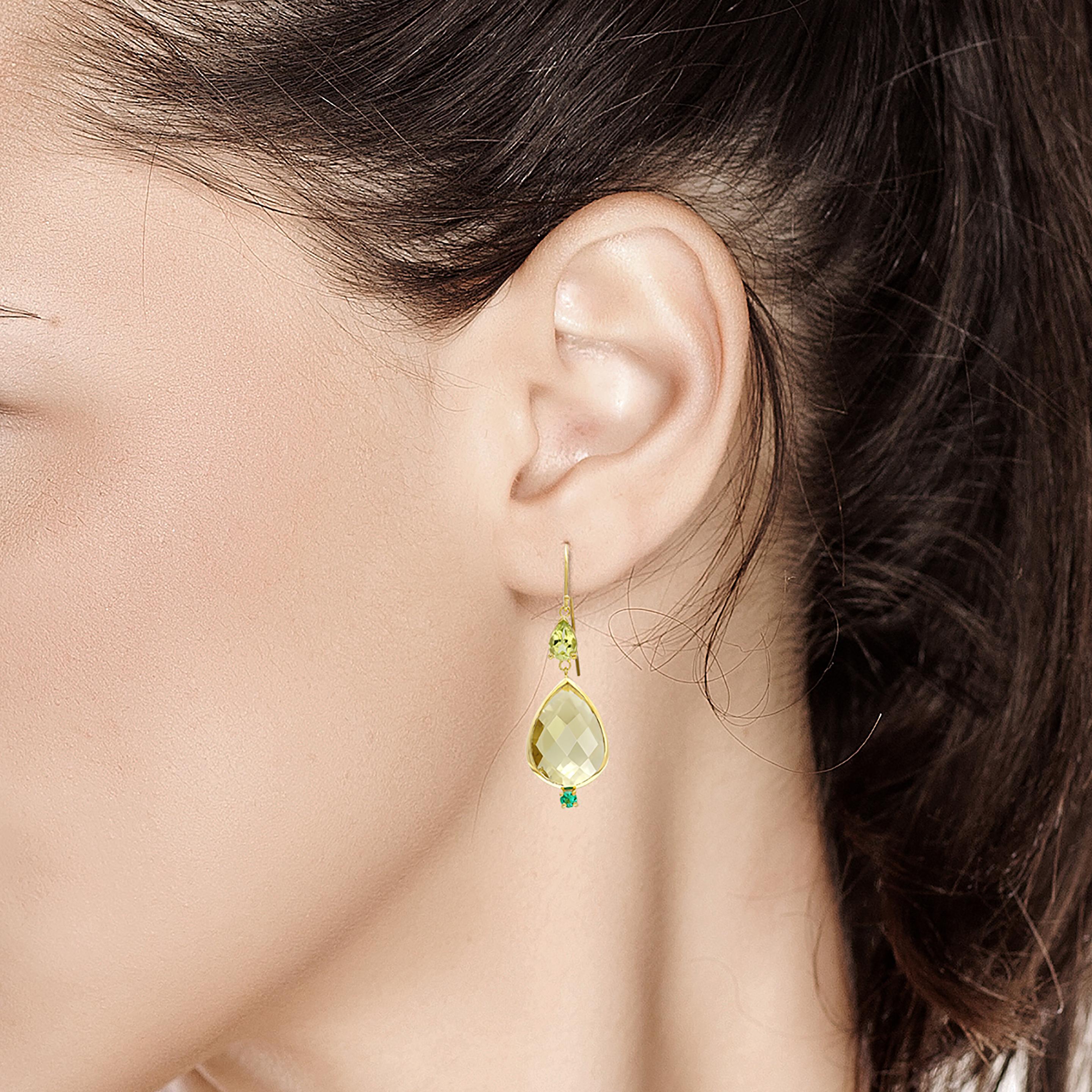 Pear Shape Lemon Citrine Emerald Peridot Bezel Set Two Inch Gold Hoop Earrings 2