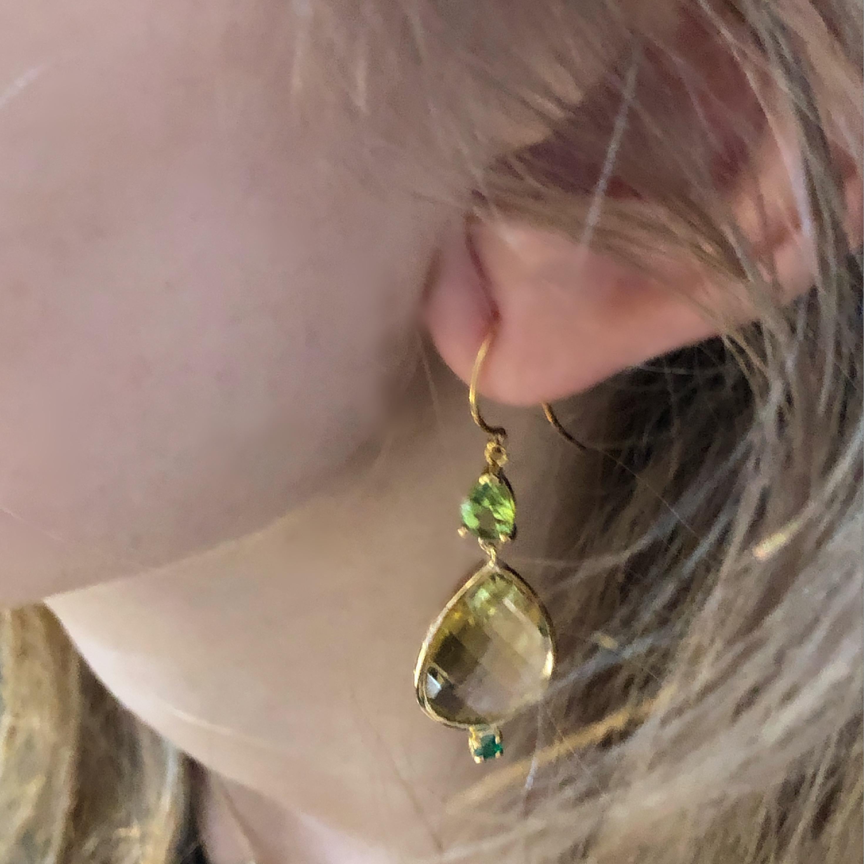 Pear Shape Lemon Citrine Emerald Peridot Bezel Set Two Inch Gold Hoop Earrings 1