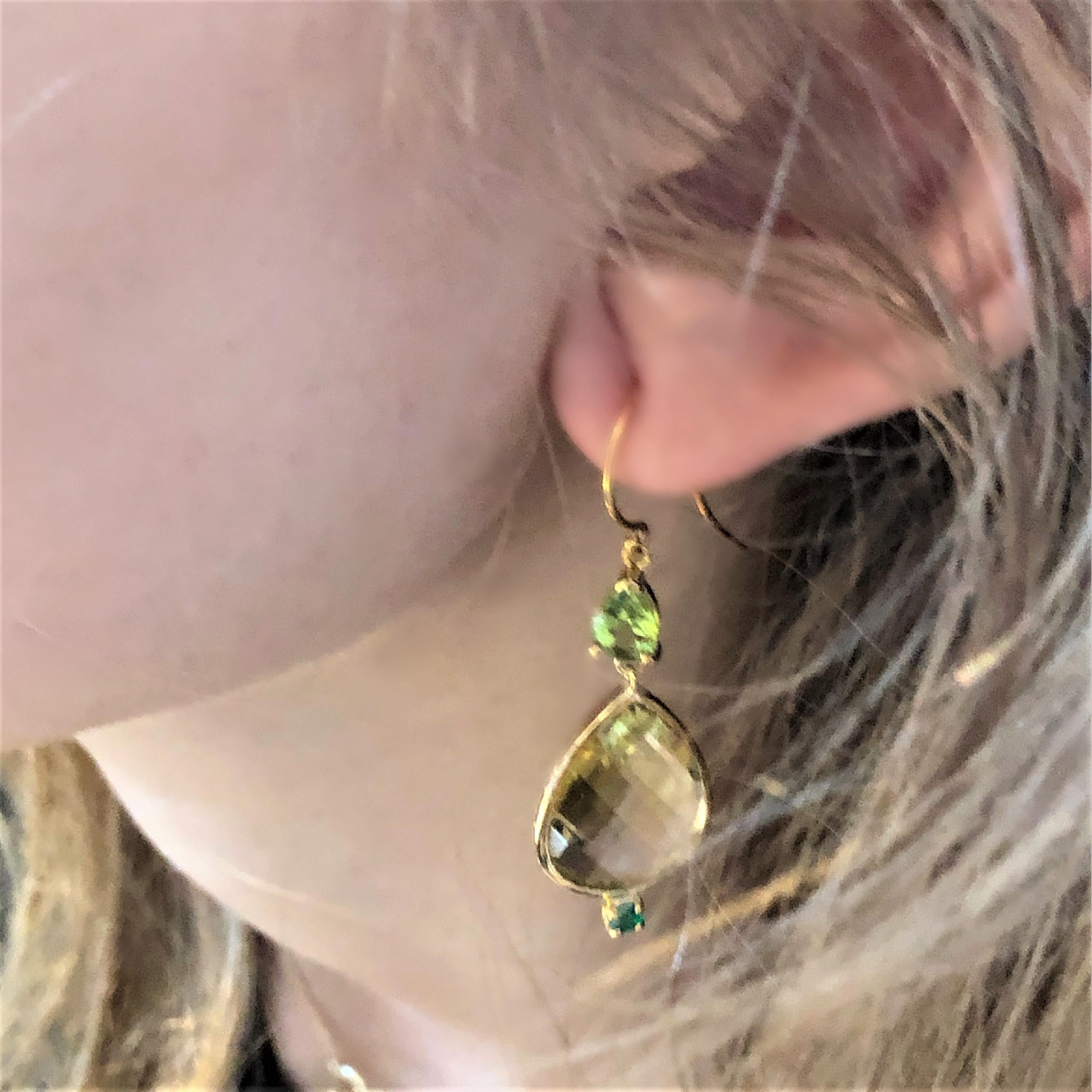 Pear Shape Lemon Citrine Emerald Peridot Bezel Set Two Inch Gold Hoop Earrings In New Condition In New York, NY