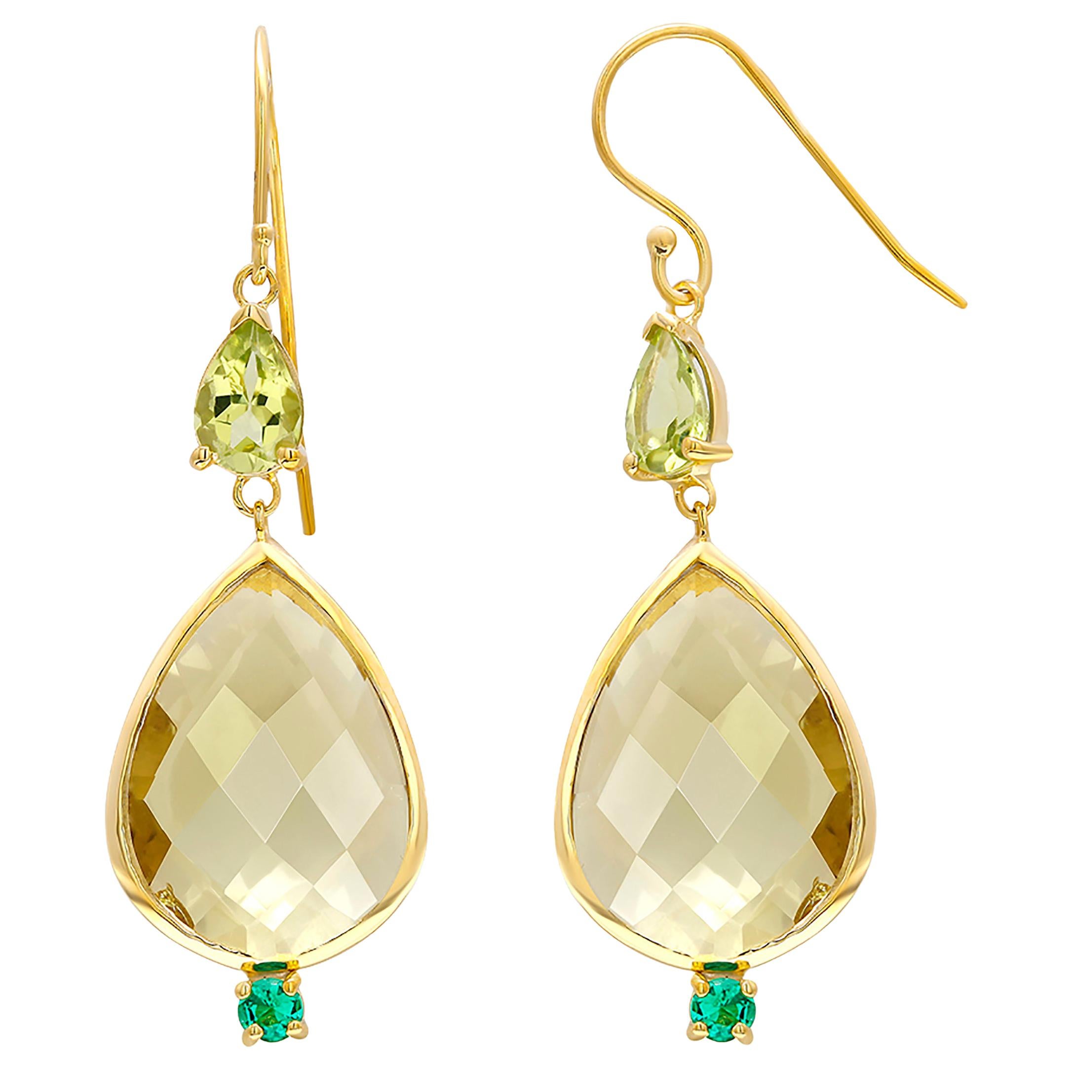 Pear Shape Lemon Citrine Emerald Peridot Bezel Set Two Inch Gold Hoop Earrings