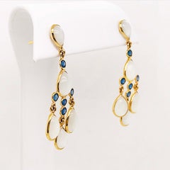 Pear Shape Moonstone and Blue Sapphire Chandelier Earrings, 18 Karat Yellow Gold