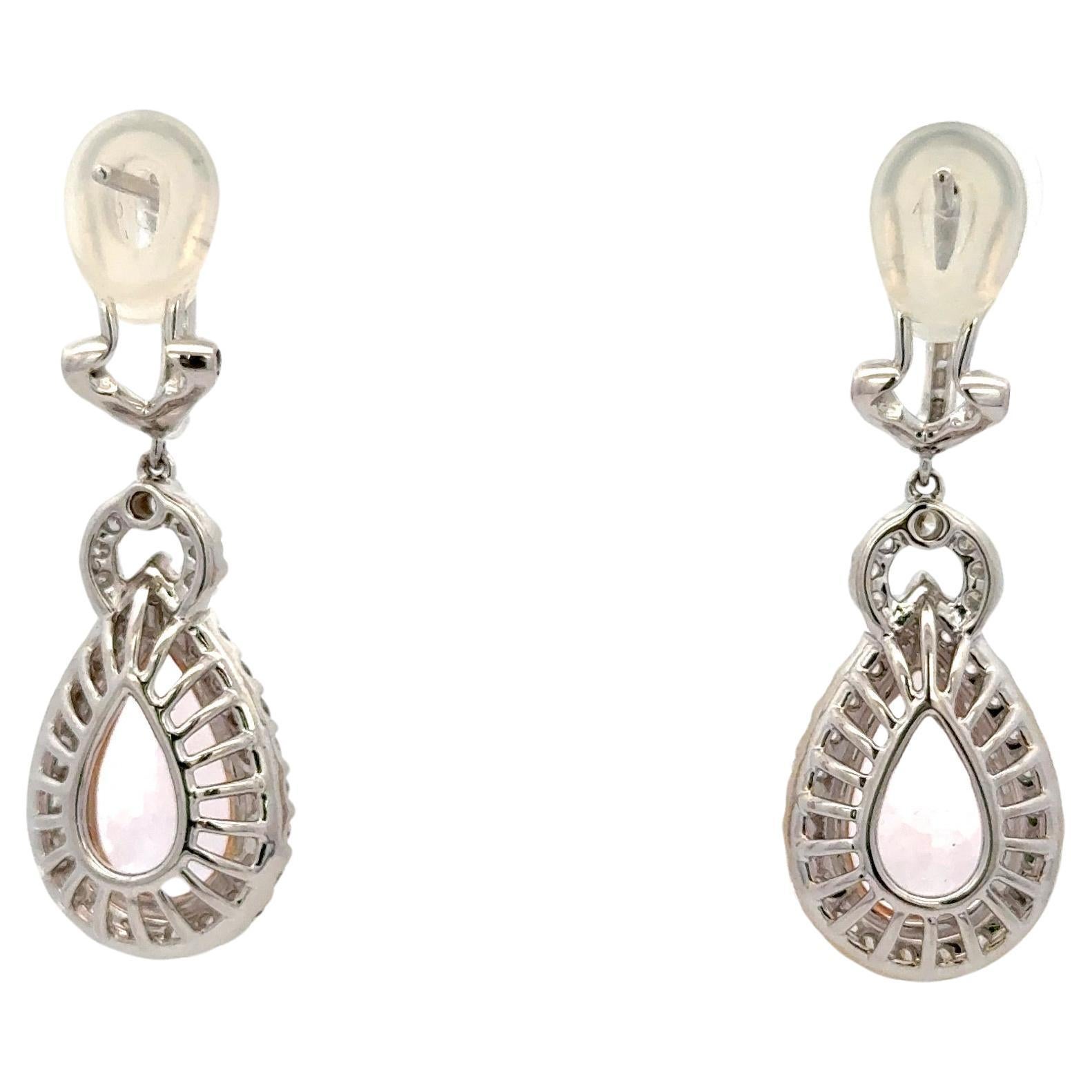 Pear Cut Pear Shape Morganite Diamond Halo Drop Earrings 8.68 CTWW 18 Karat White Gold For Sale
