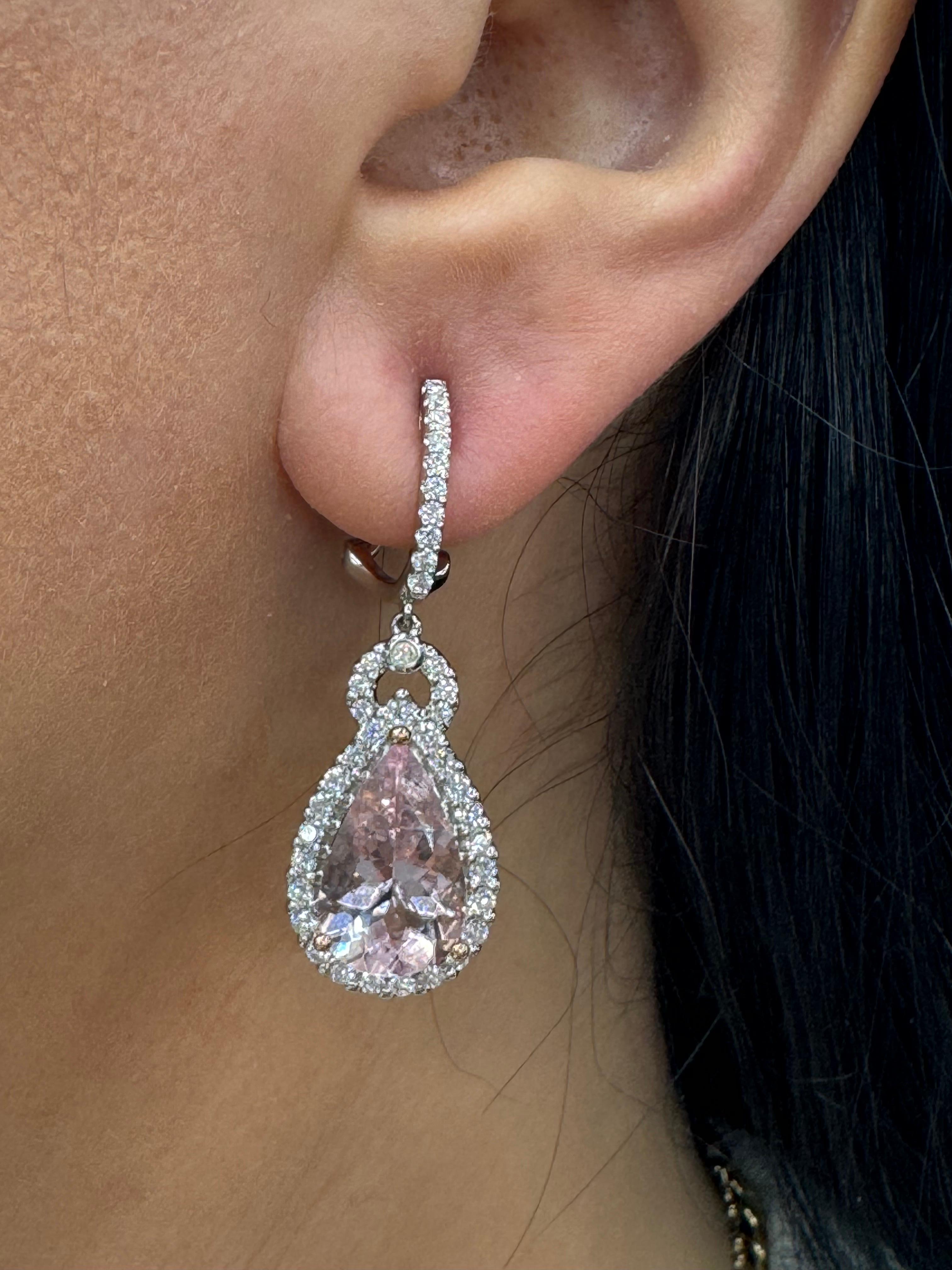 Women's Pear Shape Morganite Diamond Halo Drop Earrings 8.68 CTWW 18 Karat White Gold For Sale