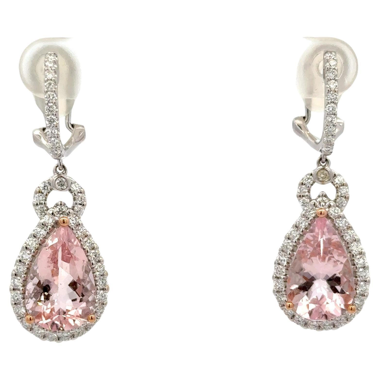 Pear Shape Morganite Diamond Halo Drop Earrings 8.68 CTWW 18 Karat White Gold