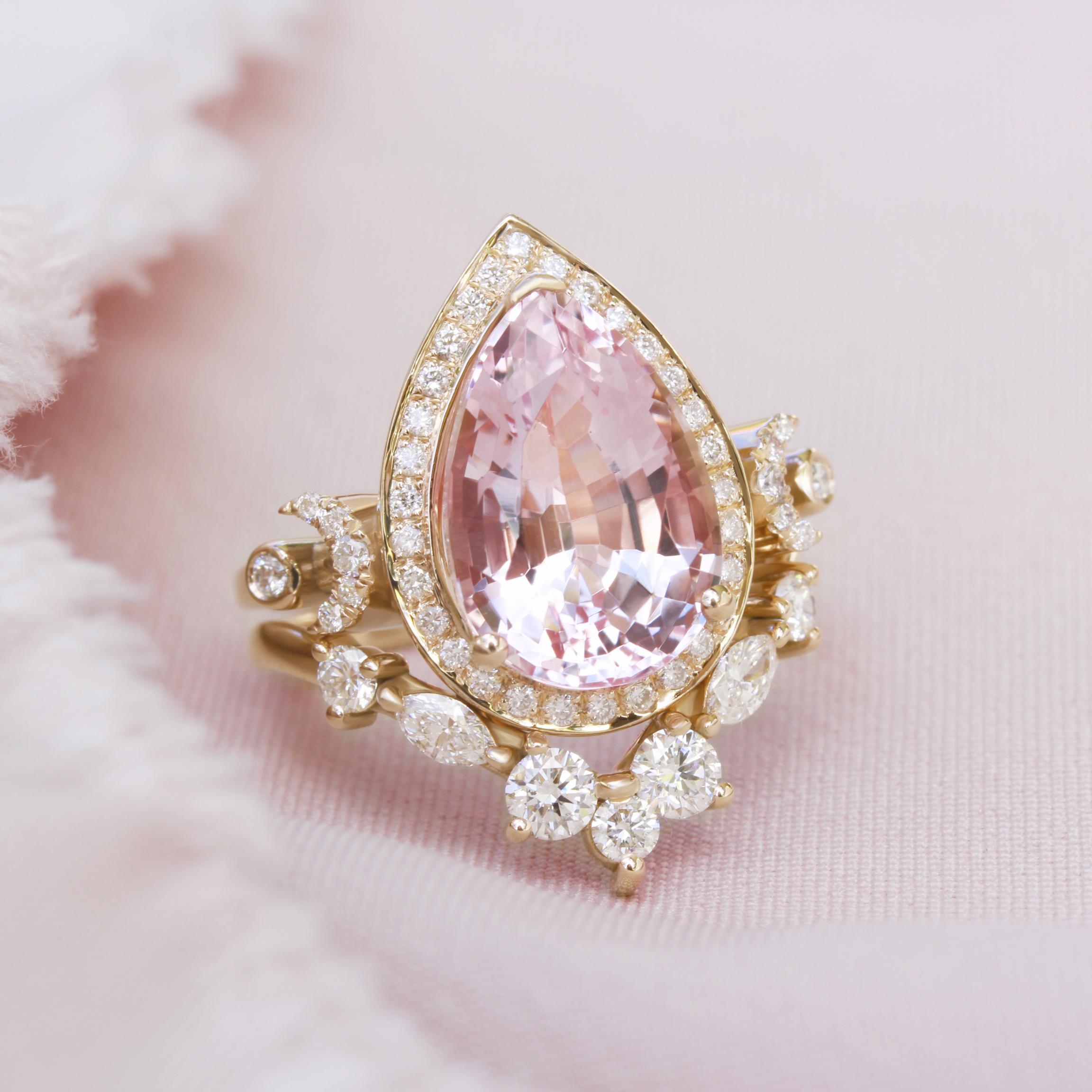 Engagement Big Pear Morganite Ring With Diamond Halo Center.
Featuring two diamond crescent moons on both sides of the engagement ring. 
The list is for a two ring set.
Handmade with care. 
An original design by Silly Shiny Diamonds. 

Details: 
*