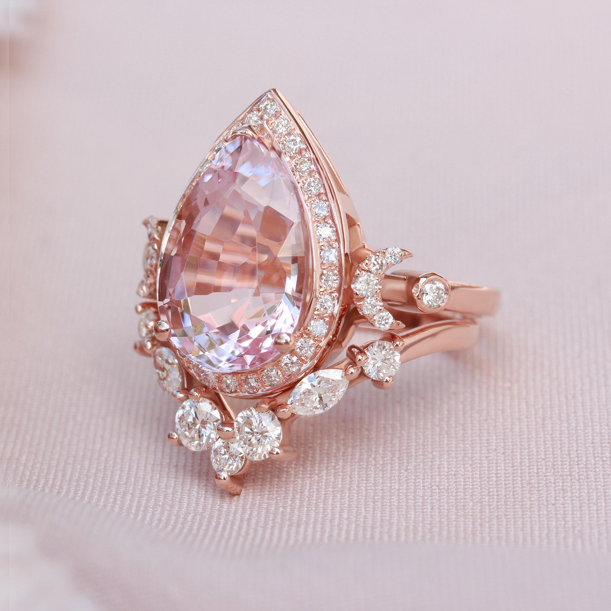 Pear Cut Pear shape Morganite Engagement Two Rings Set - Moonchild For Sale