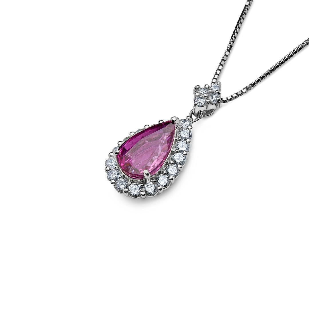 Modern Pear Shape Mozambique Pink Sapphire Platinum Halo Pendant  For Sale