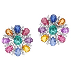 Pear Shape Multi-Sapphire, Oval Emerald and Diamond Cocktail Earrings, 18K White