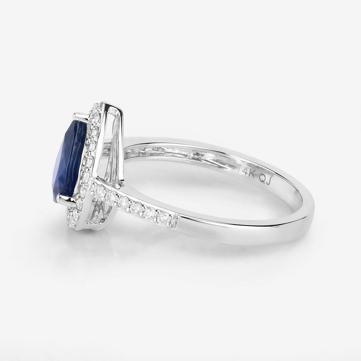 Contemporary Pear Shape Natural Blue Sapphire & Diamond 14k White Gold Ring For Sale