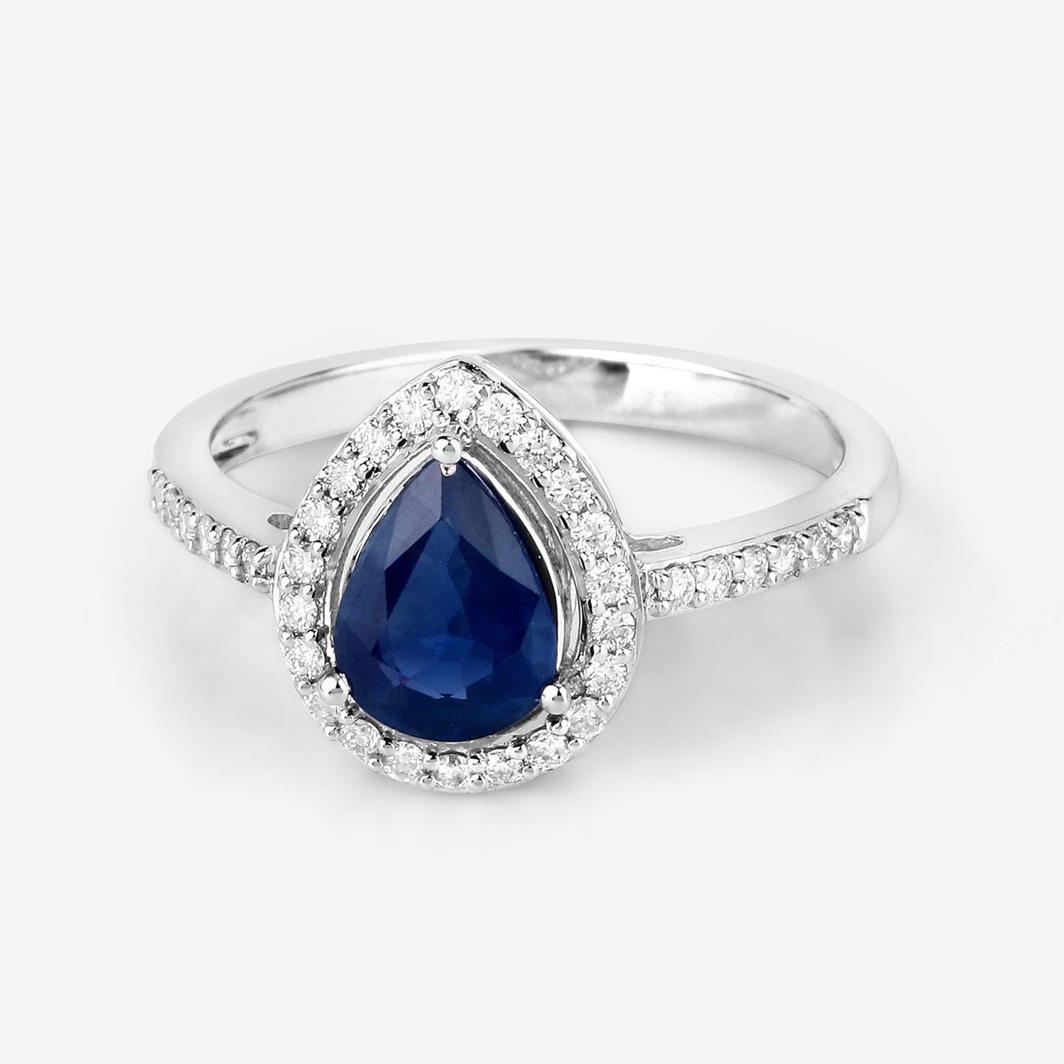 Pear Cut Pear Shape Natural Blue Sapphire & Diamond 14k White Gold Ring For Sale