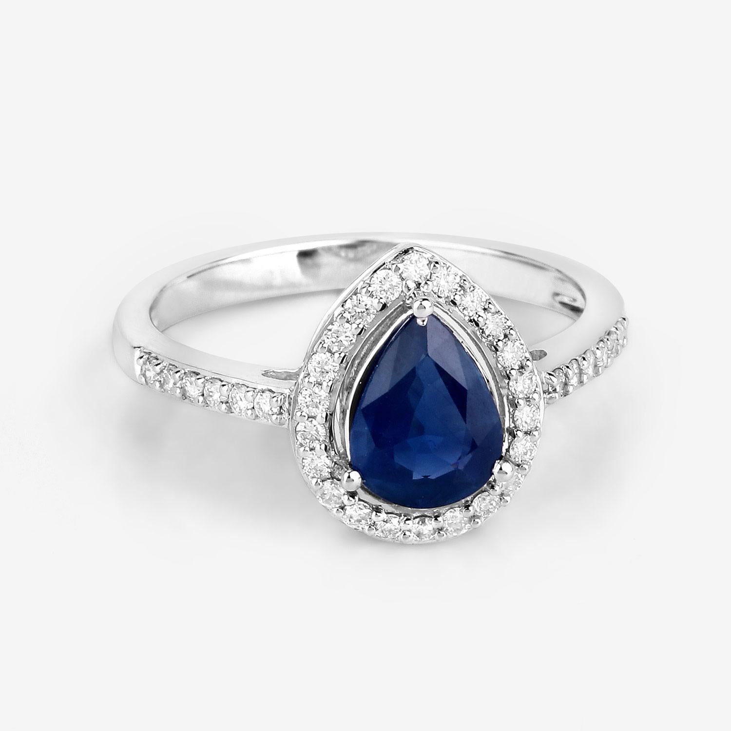 Pear Shape Natural Blue Sapphire & Diamond 14k White Gold Ring In Excellent Condition For Sale In Laguna Niguel, CA