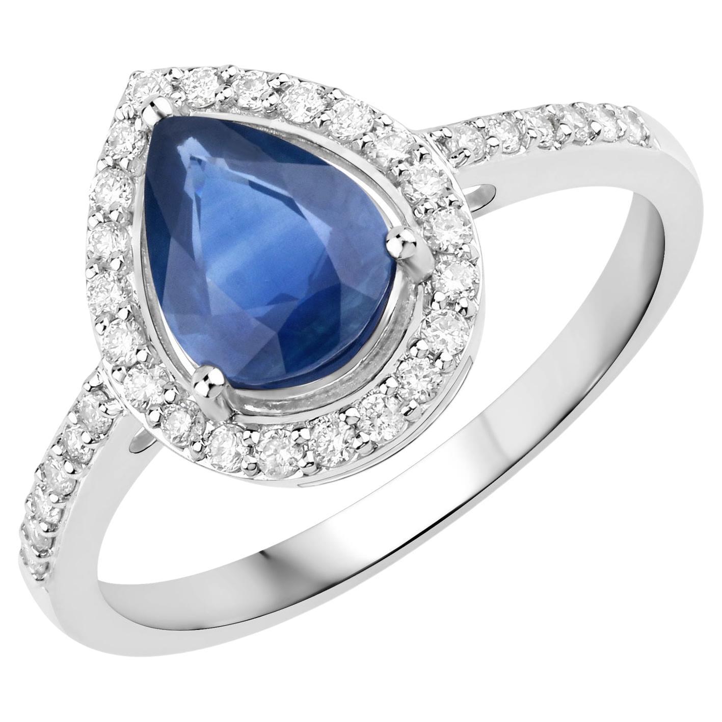 Bague en or blanc 14 carats avec saphir bleu naturel en forme de poire et diamants