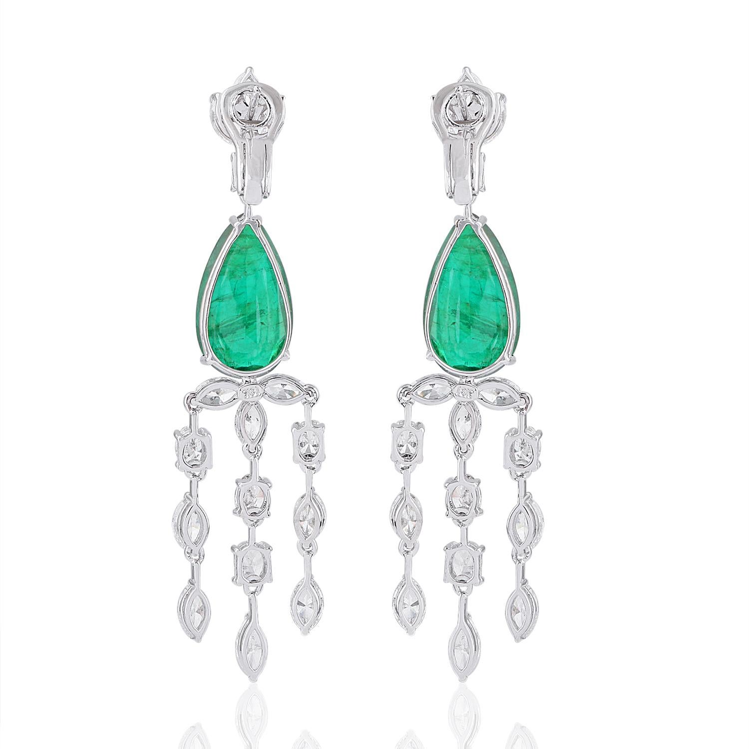 Women's Pear Shape Natural Emerald Gemstone Earrings Diamond 18 Karat White Gold Jewelry For Sale