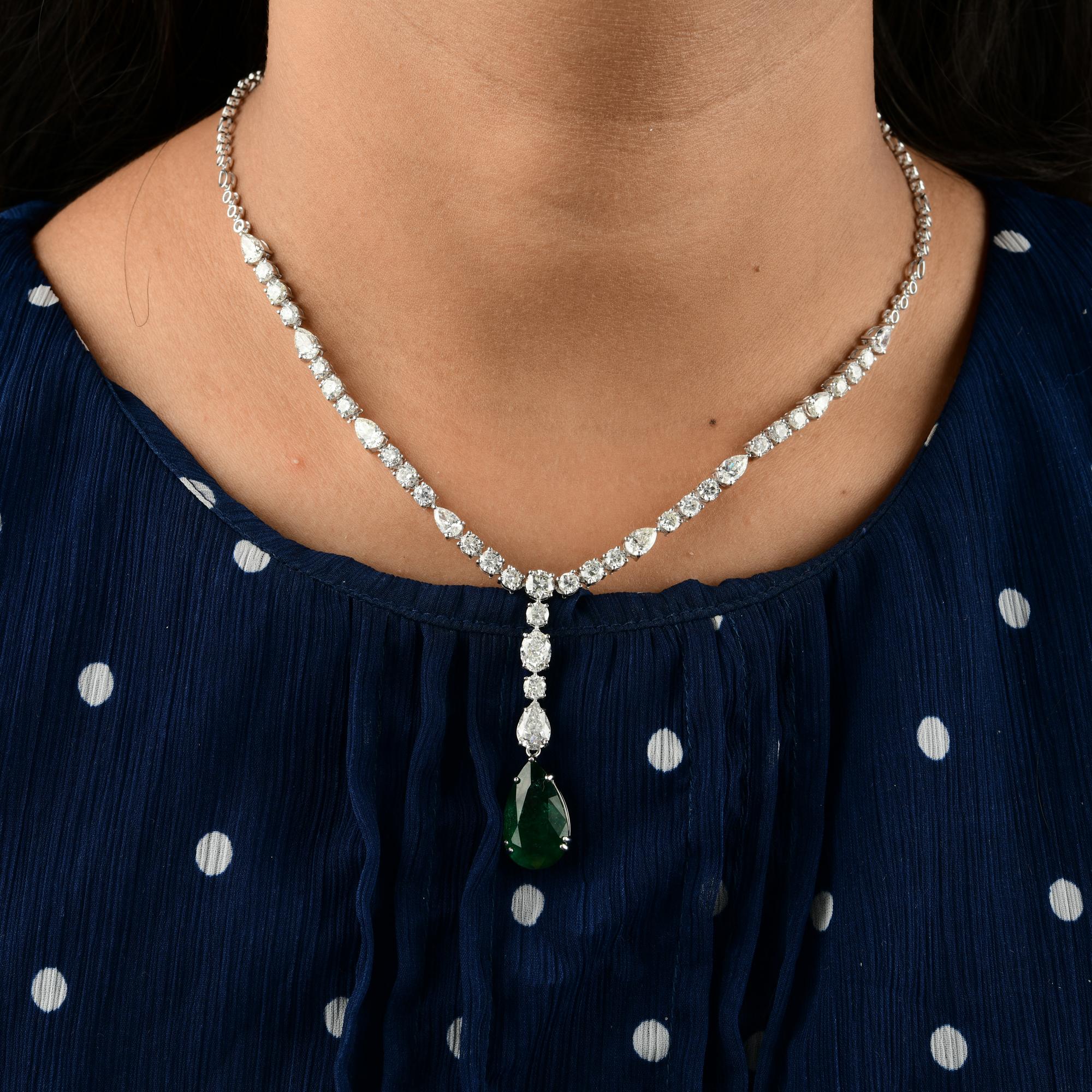 Women's Pear Shape Natural Zambian Emerald Necklace Diamond 18 Karat White Gold Jewelry For Sale