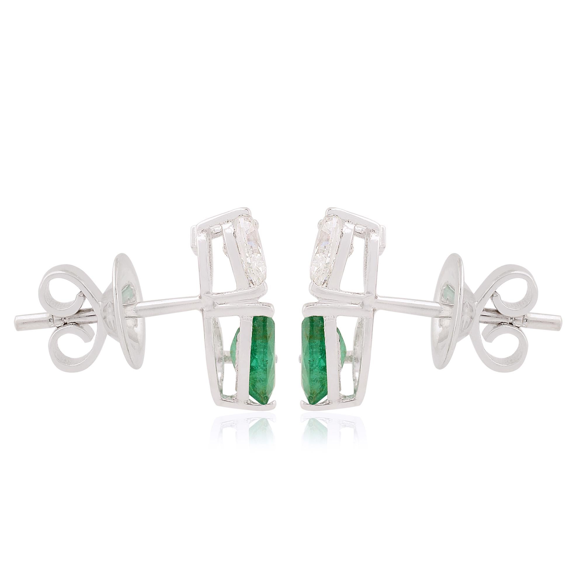 Pear Cut Pear Shape Natural Emerald Gemstone Stud Earrings SI/HI Diamond 18k White Gold For Sale