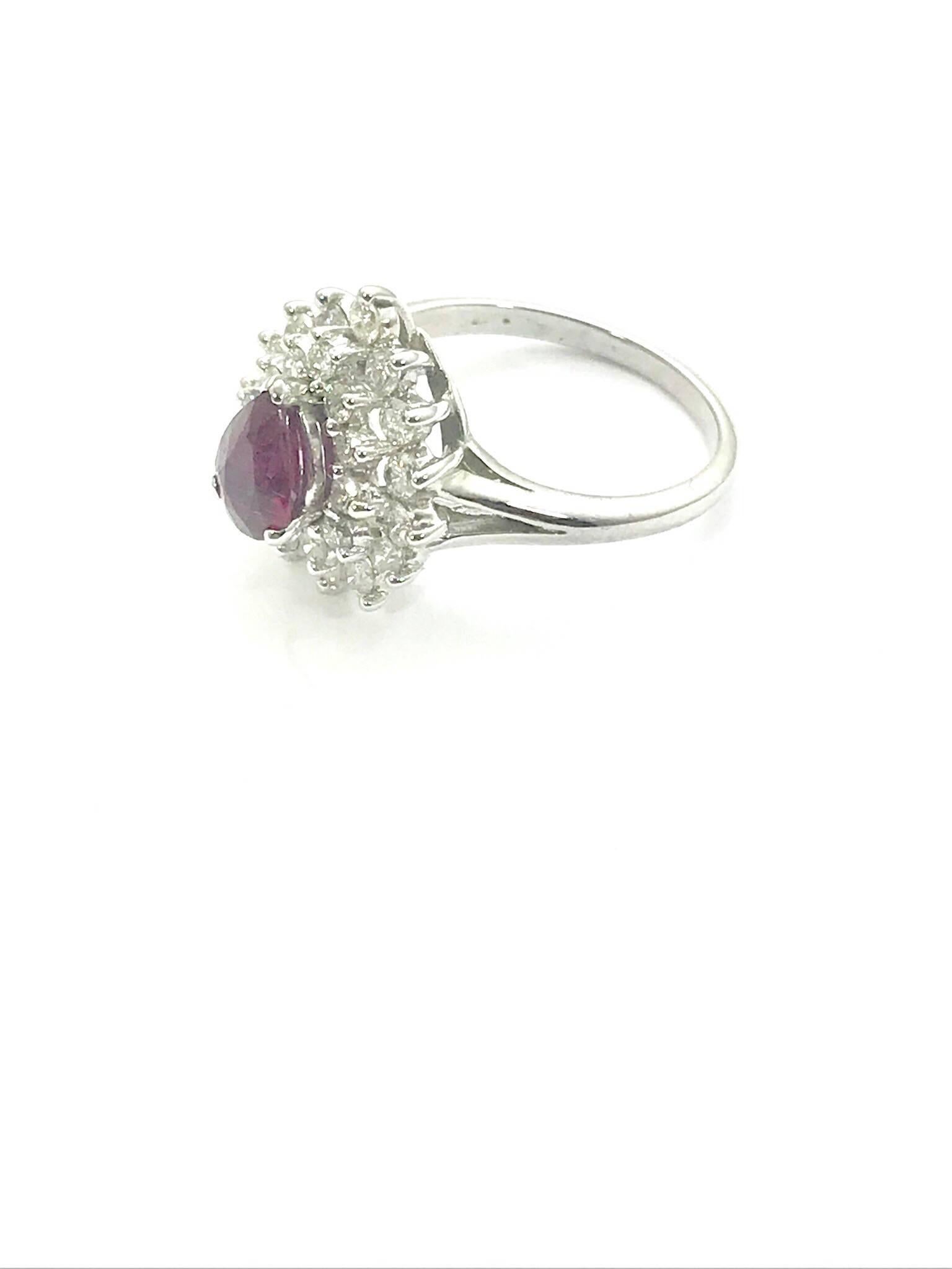 Modern Pear Shape Natural Ruby and Round Brilliant Diamond White Gold Ring