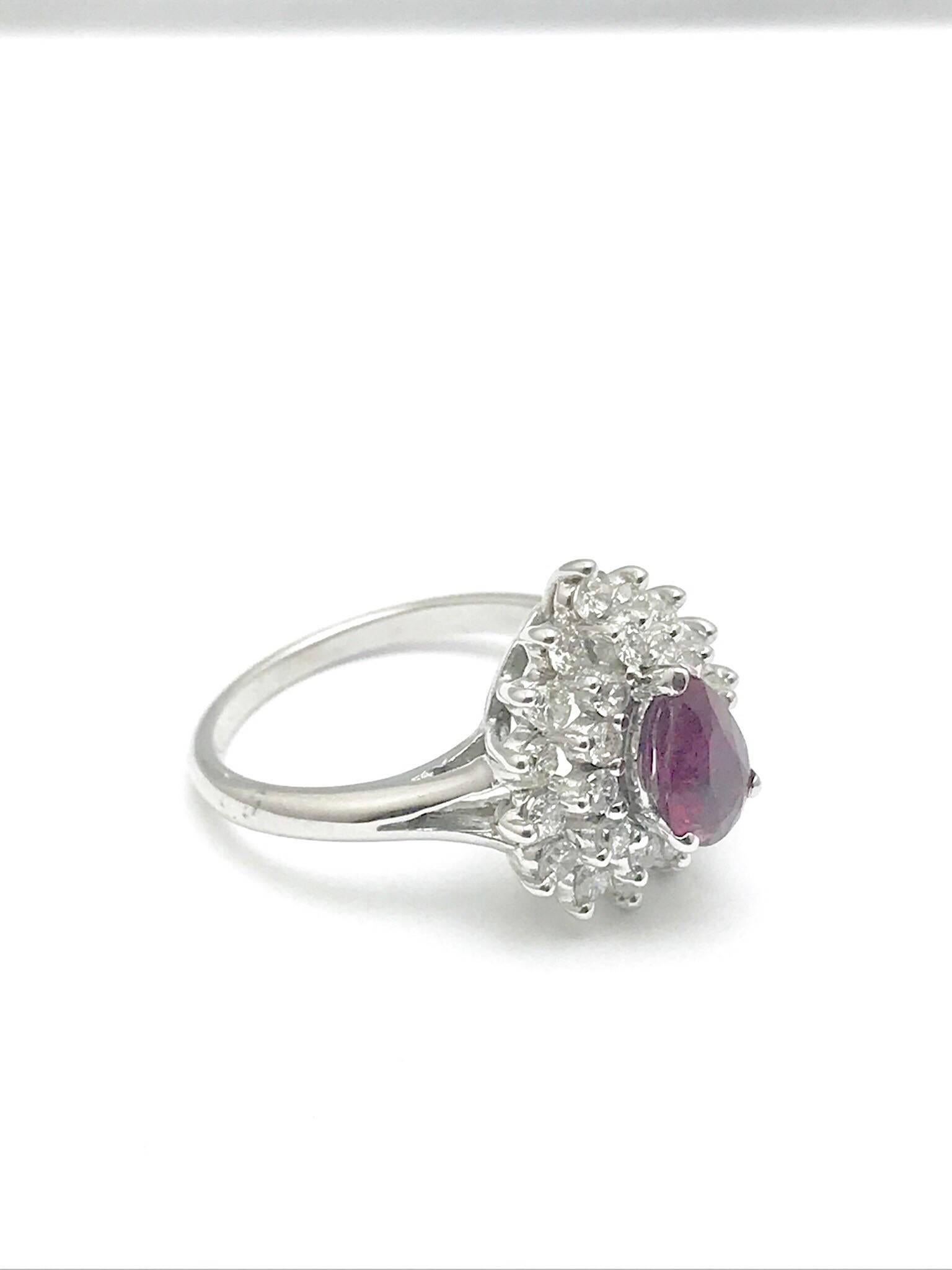 Pear Cut Pear Shape Natural Ruby and Round Brilliant Diamond White Gold Ring