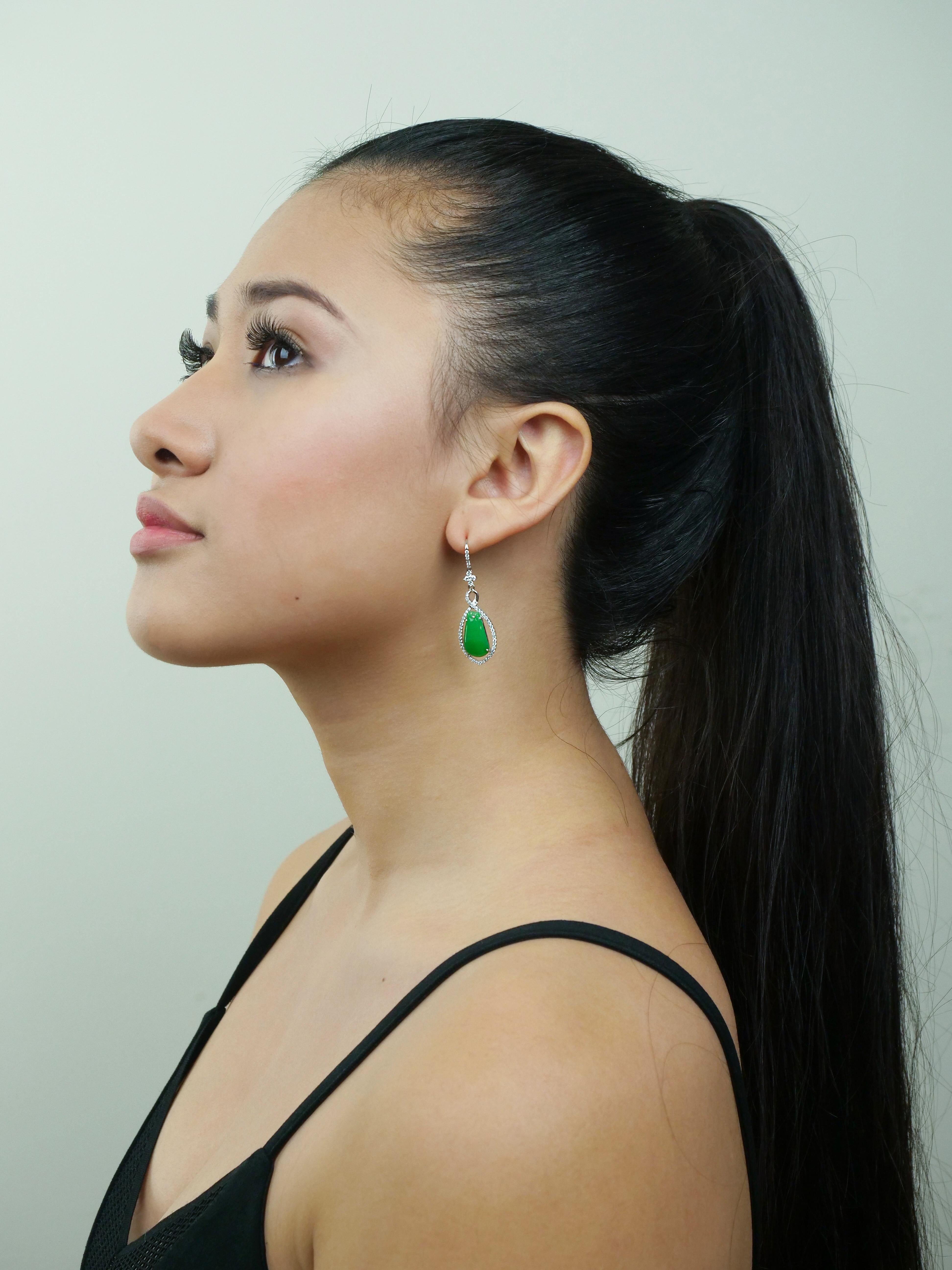 Women's Certified Jadeite Jade Natural Untreated, Pear Shape  & Diamond Drop Earrings