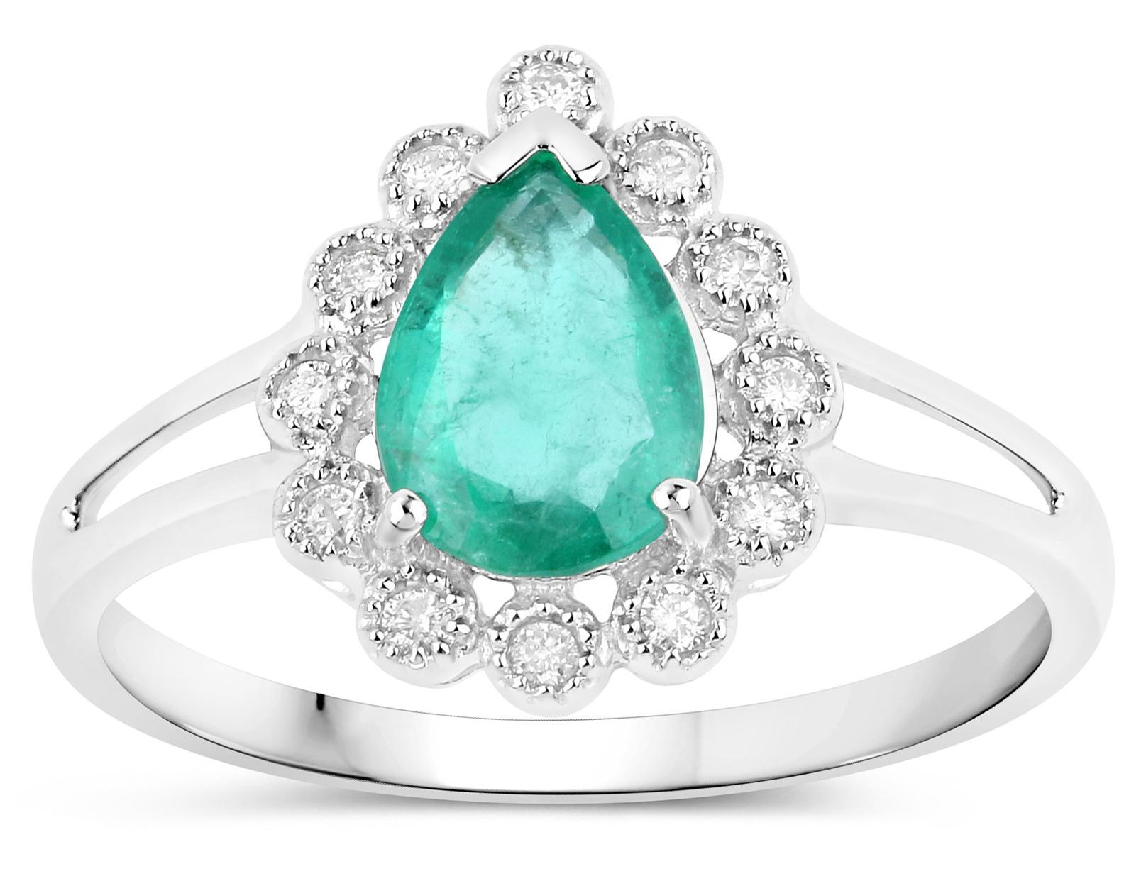 Pear Cut Pear Shape Natural Zambian 1.10 Carat Emerald & Diamond Ring 14k White Gold For Sale