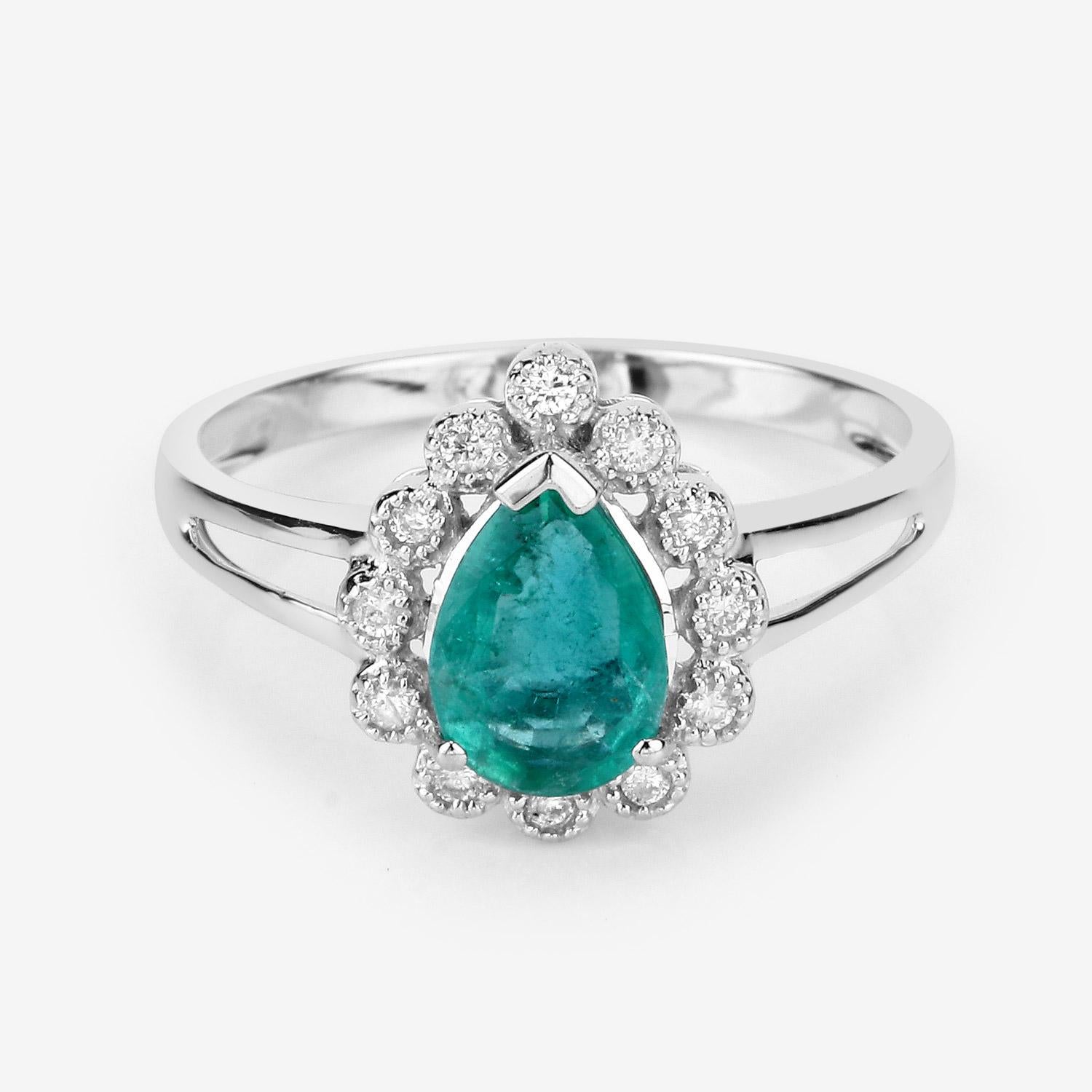 Women's Pear Shape Natural Zambian 1.10 Carat Emerald & Diamond Ring 14k White Gold For Sale