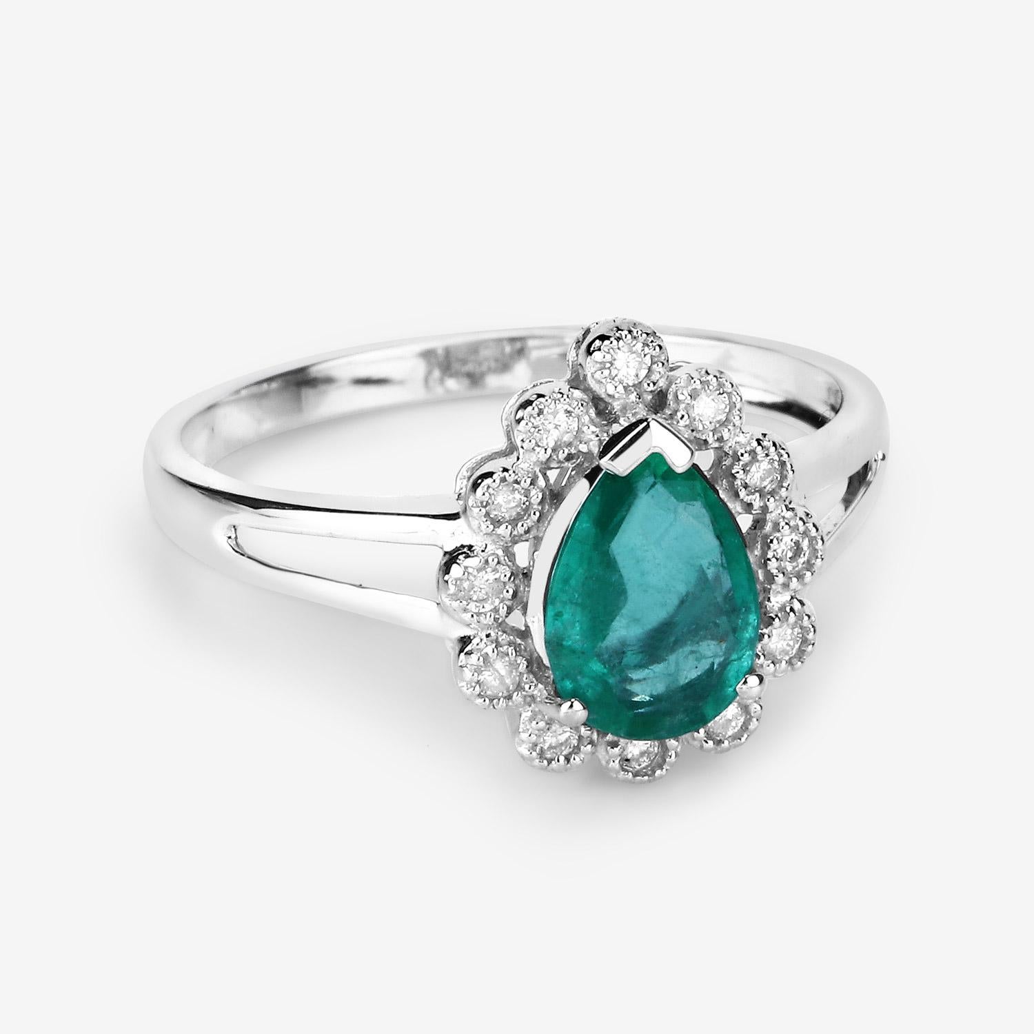 Pear Shape Natural Zambian 1.10 Carat Emerald & Diamond Ring 14k White Gold For Sale 1