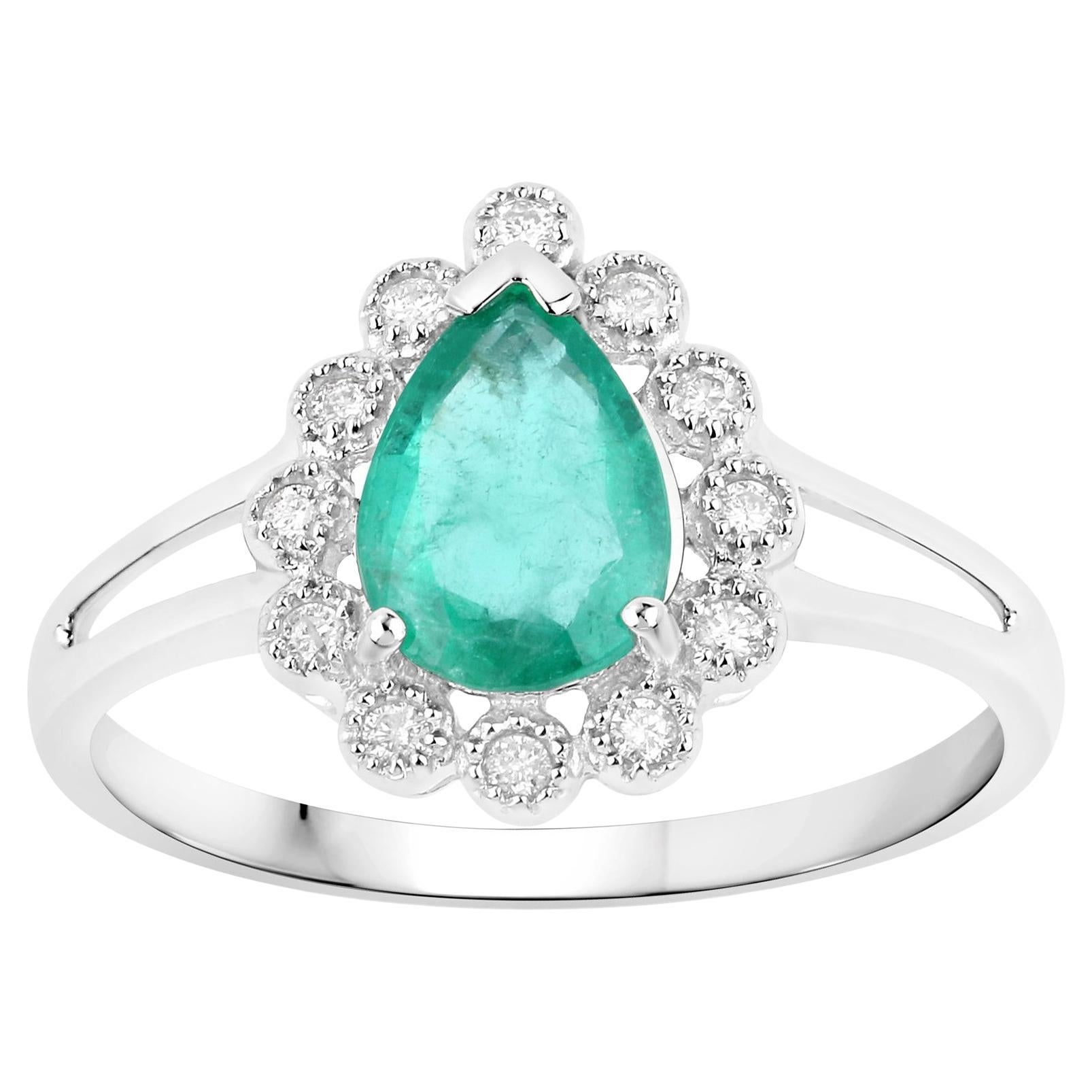 Pear Shape Natural Zambian 1.10 Carat Emerald & Diamond Ring 14k White Gold For Sale