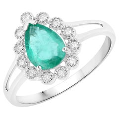 Pear Shape Natural Zambian 1.10 Carat Emerald & Diamond Ring 14k White Gold