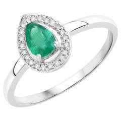 Pear Shape Natural Zambian Emerald & Diamond 14k White Gold Ring