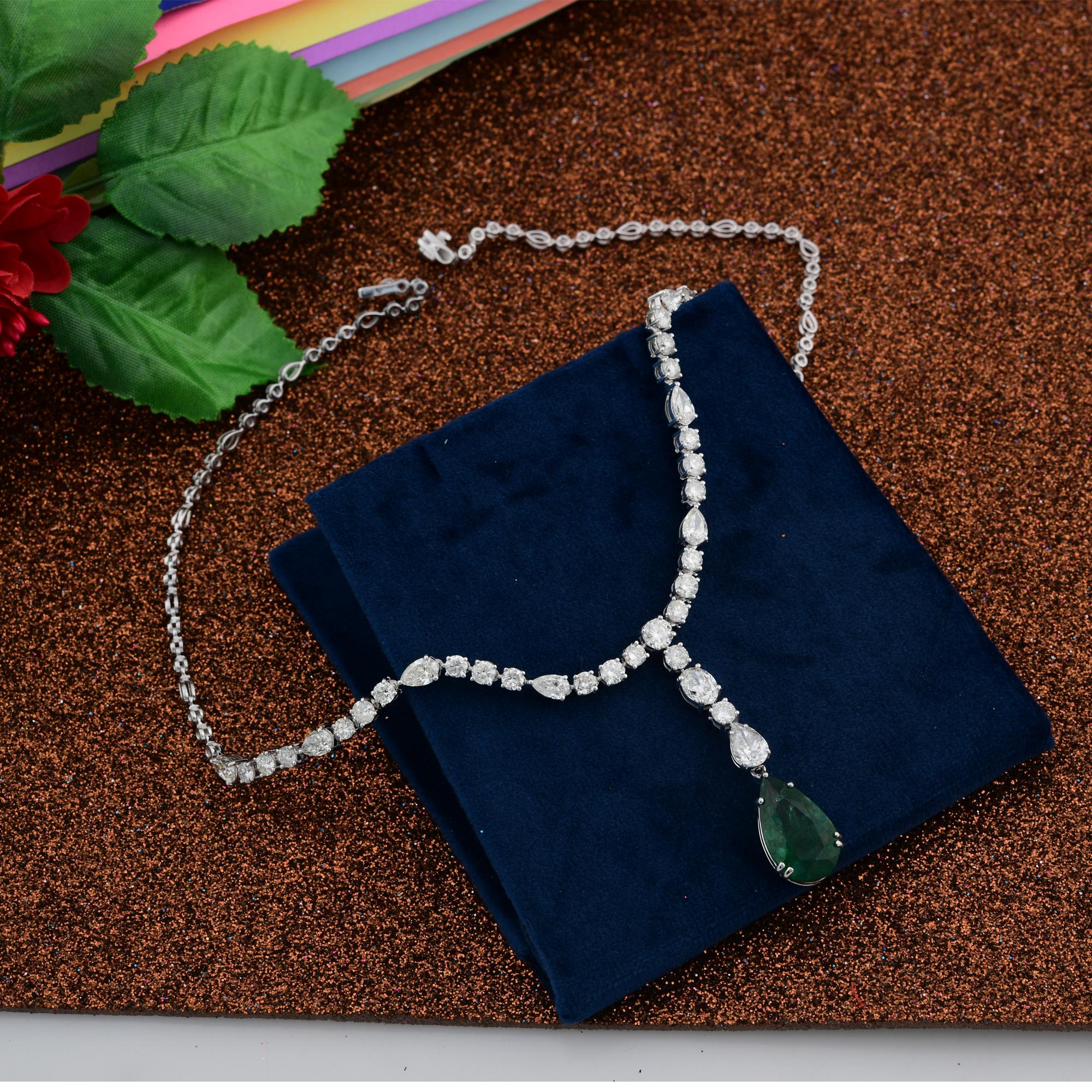 Pear Shape Natural Zambian Emerald Necklace Diamond 18 Karat White Gold Jewelry For Sale 2