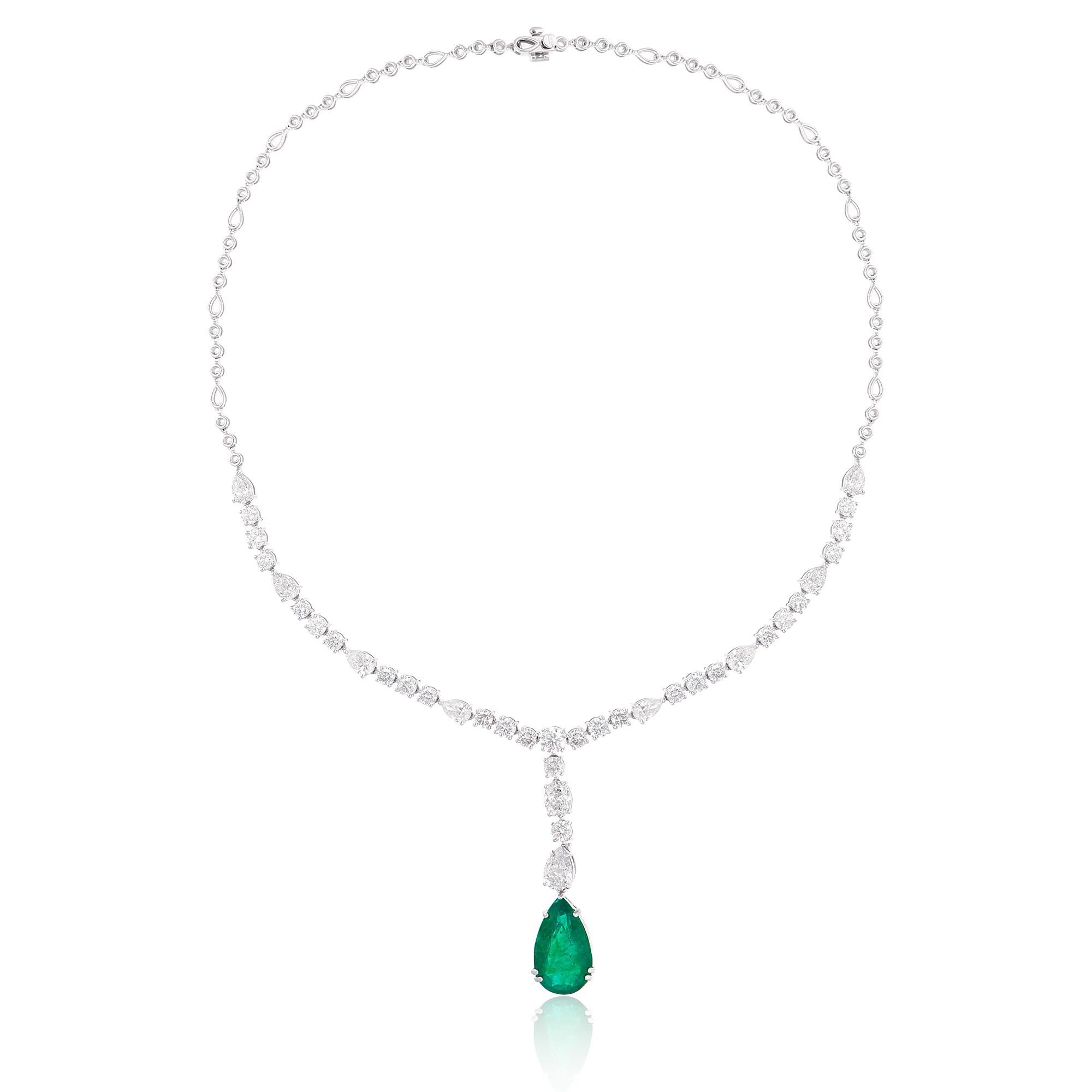 Pear Shape Natural Zambian Emerald Necklace Diamond 18 Karat White Gold Jewelry For Sale 3
