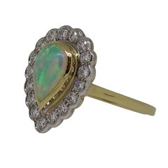 Pear Shape Opal and Diamond Cluster Ring 18 Karat Yellow and White Gold