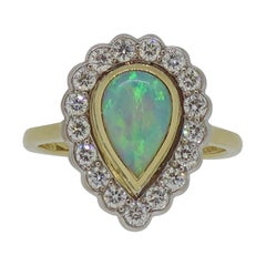 Pear Shape Opal and Diamond Cluster Ring 18 Karat Yellow and White Gold