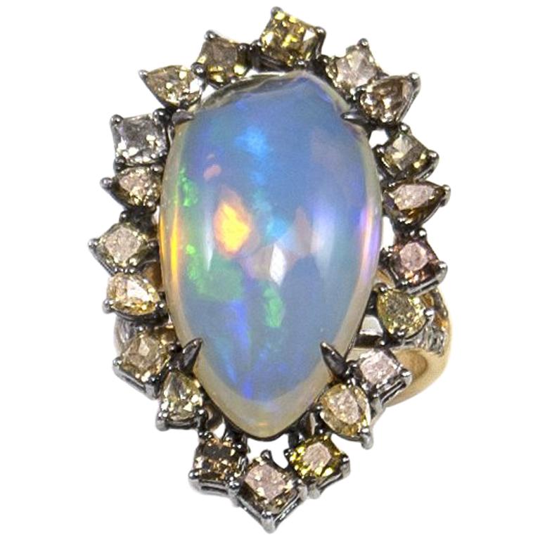 Pear Shape Opal and Fancy Colored Diamonds in 18 Karat Yellow Gold in Stock Sale For Sale