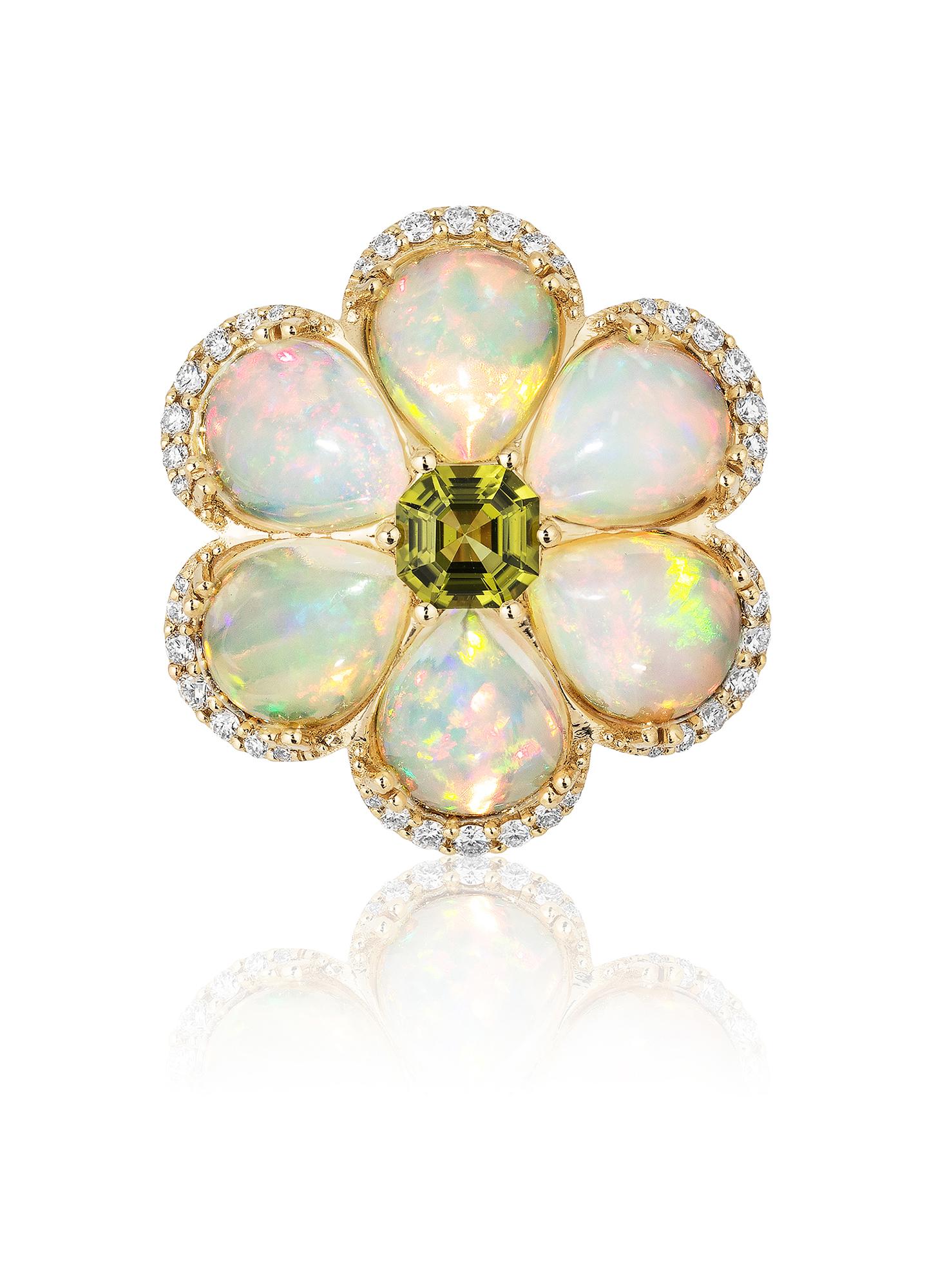 Pear Shape Opal Cabochon And Peridot Flower Ring With Diamonds in 18K Yellow Gold, from 'G-One' Collection 

Approx. Wt: 5.92 Carats (Opal), 0.60 Carats (Peridot)

Diamonds: G-H / VS, Approx. Wt: 0.43 Carats