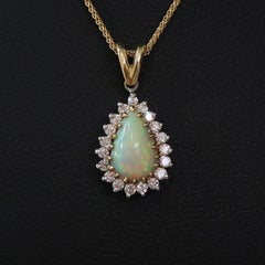 Pear Shape Opal & Diamond Cluster Pendant 18 Karat Yellow and White Gold