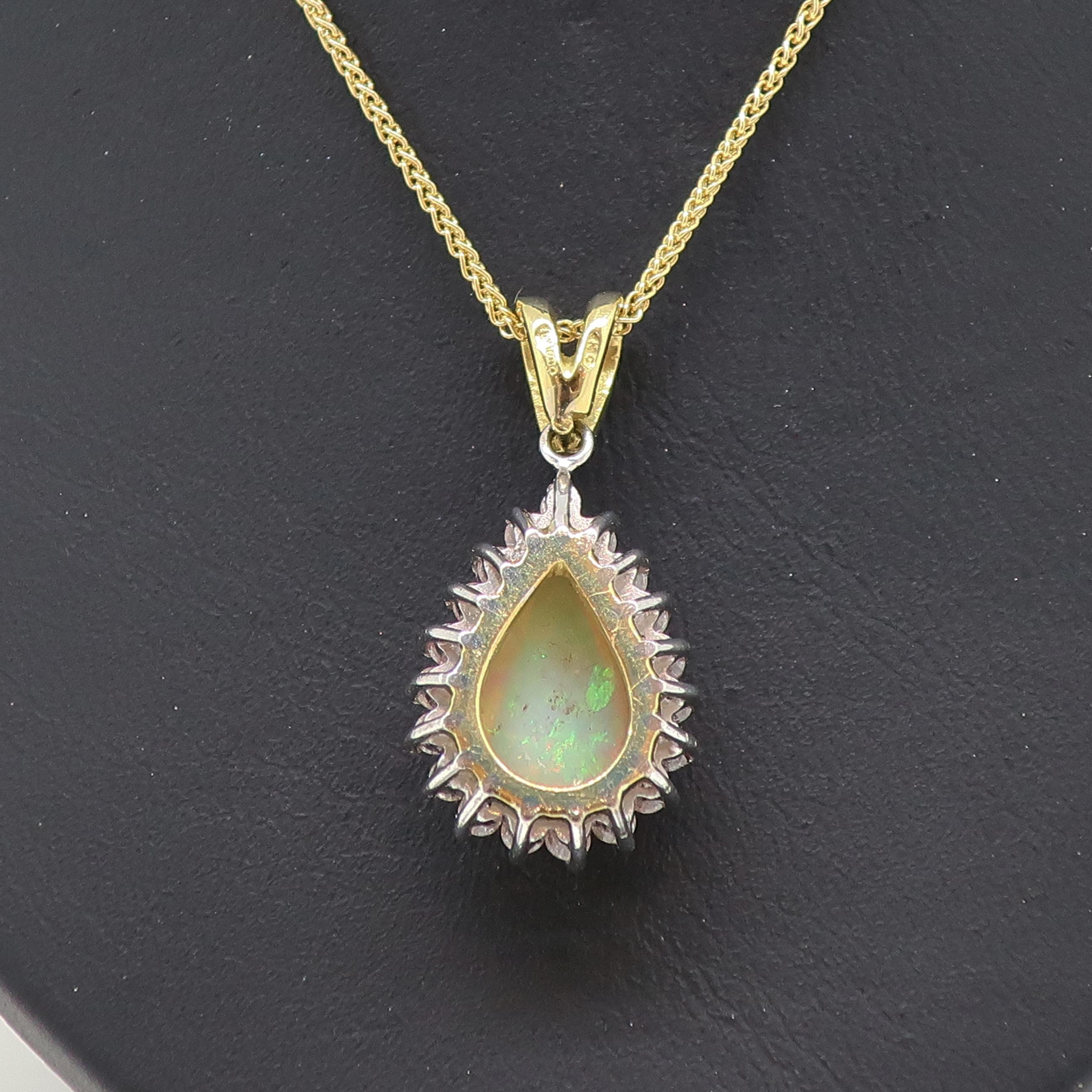 Pear Cut Pear Shape Opal & Diamond Cluster Pendant 18 Karat Yellow and White Gold For Sale