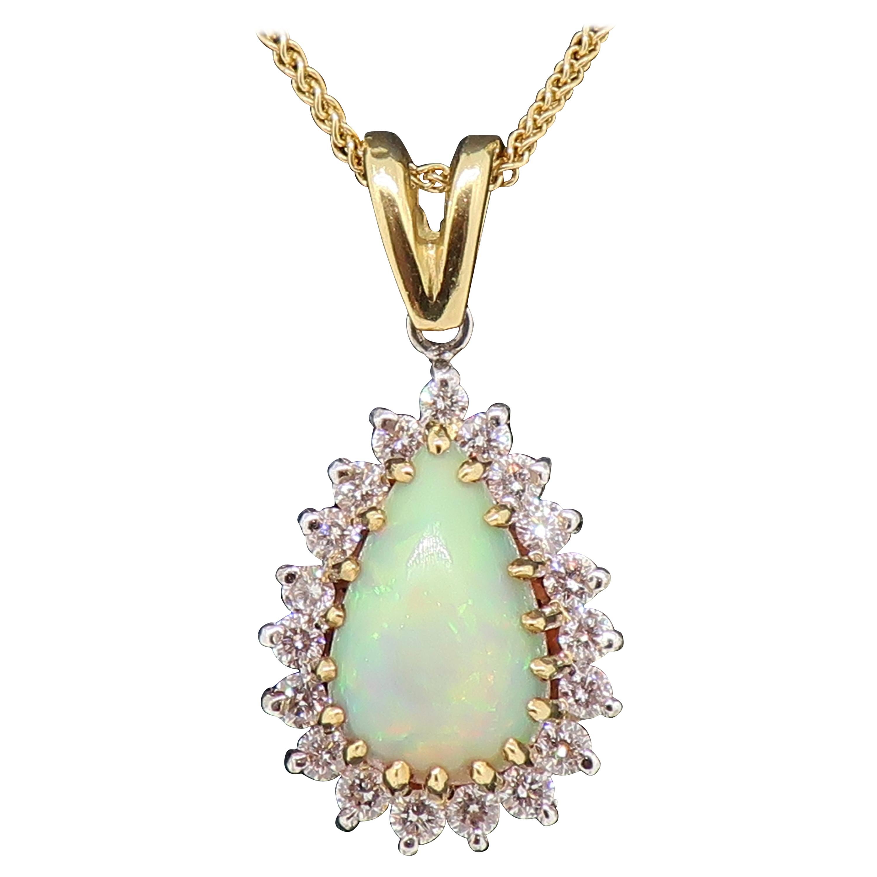 Pear Shape Opal & Diamond Cluster Pendant 18 Karat Yellow and White Gold For Sale