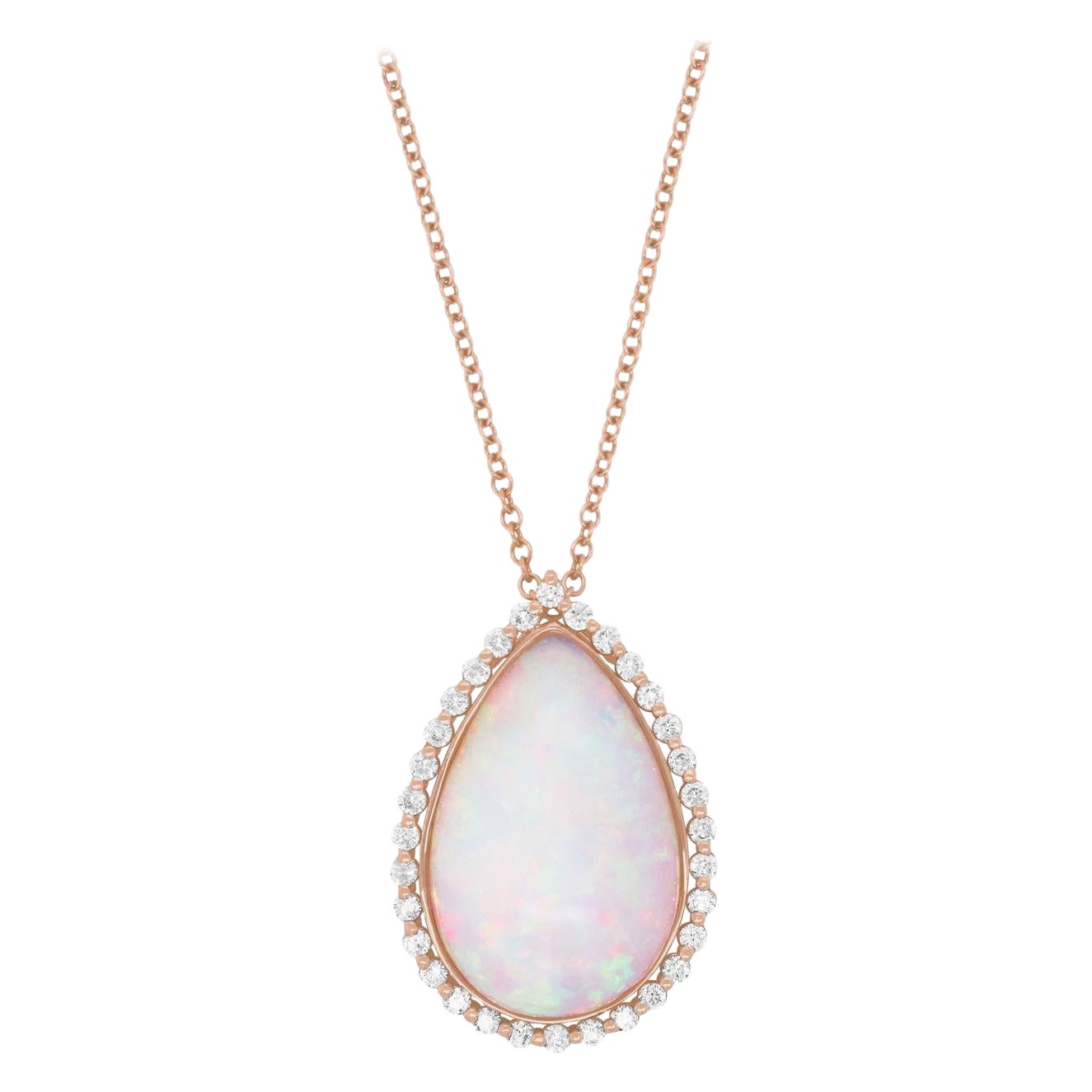 Ciondolo a forma di pera con diamante rotondo Opale in oro rosa 14K