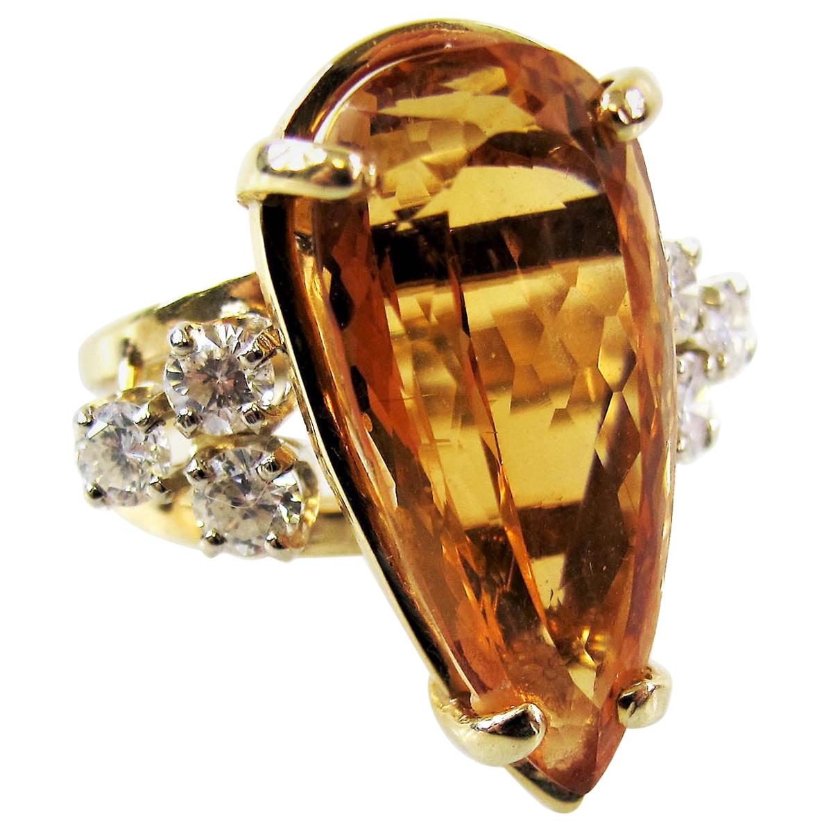 Pear Shape Orange Imperial Topaz and Diamond Cocktail Ring 14 Karat Yellow Gold For Sale