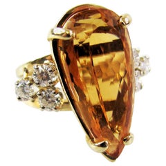 Retro Pear Shape Orange Imperial Topaz and Diamond Cocktail Ring 14 Karat Yellow Gold