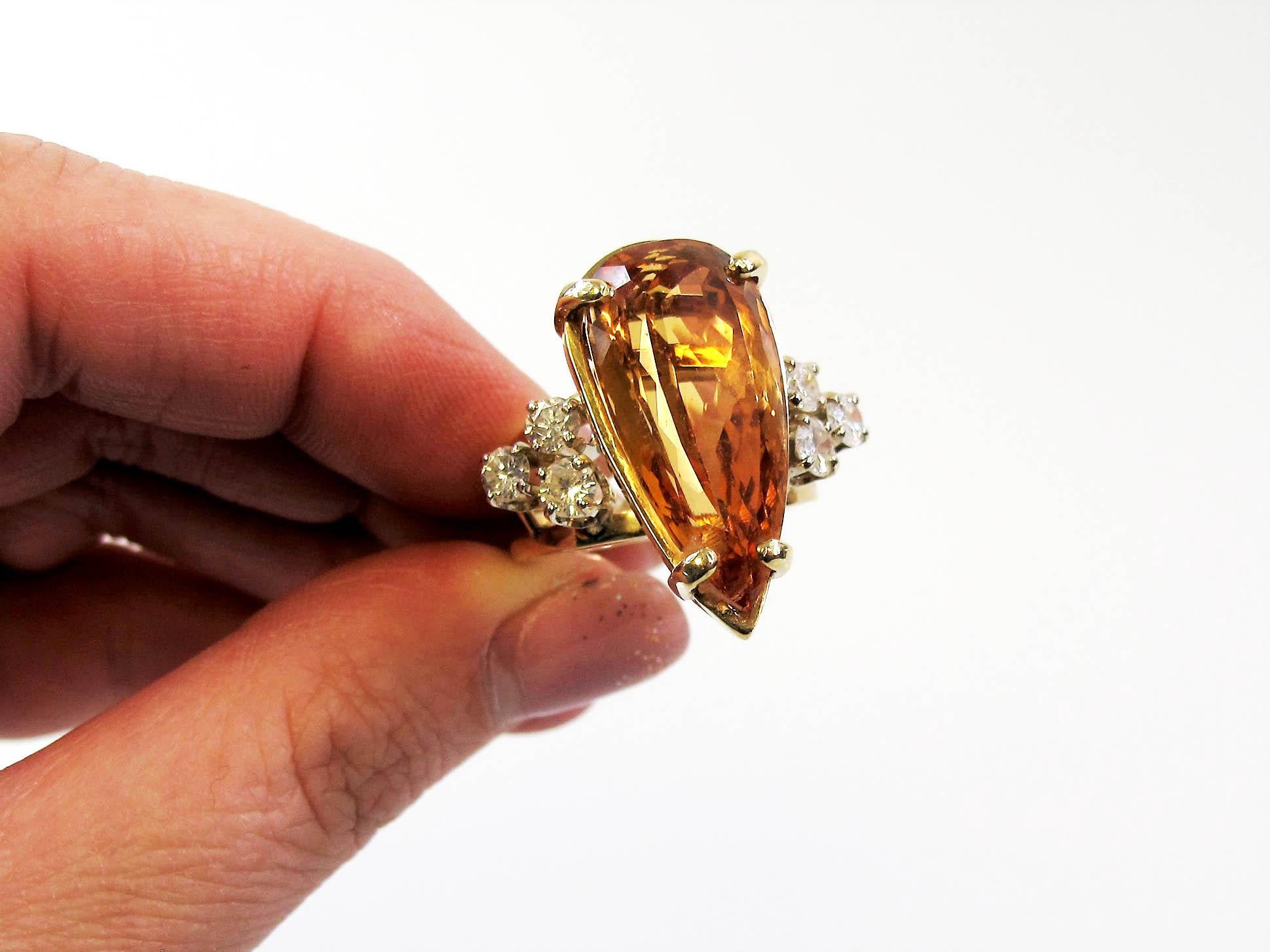 Pear Shape Orange Imperial Topaz and Diamond Cocktail Ring 14 Karat Yellow Gold For Sale 1
