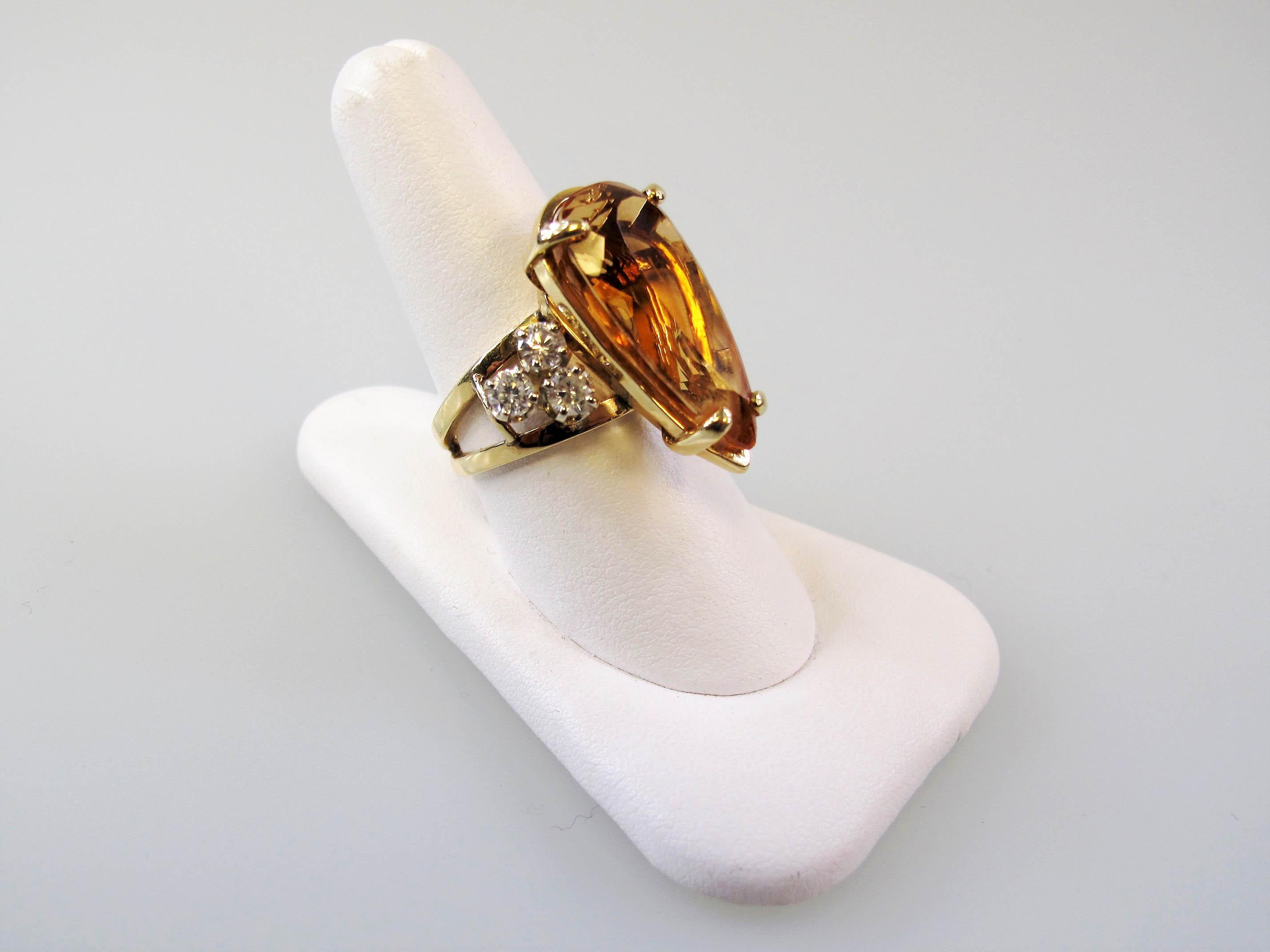 Contemporary Pear Shape Orange Imperial Topaz and Diamond Cocktail Ring 14 Karat Yellow Gold For Sale