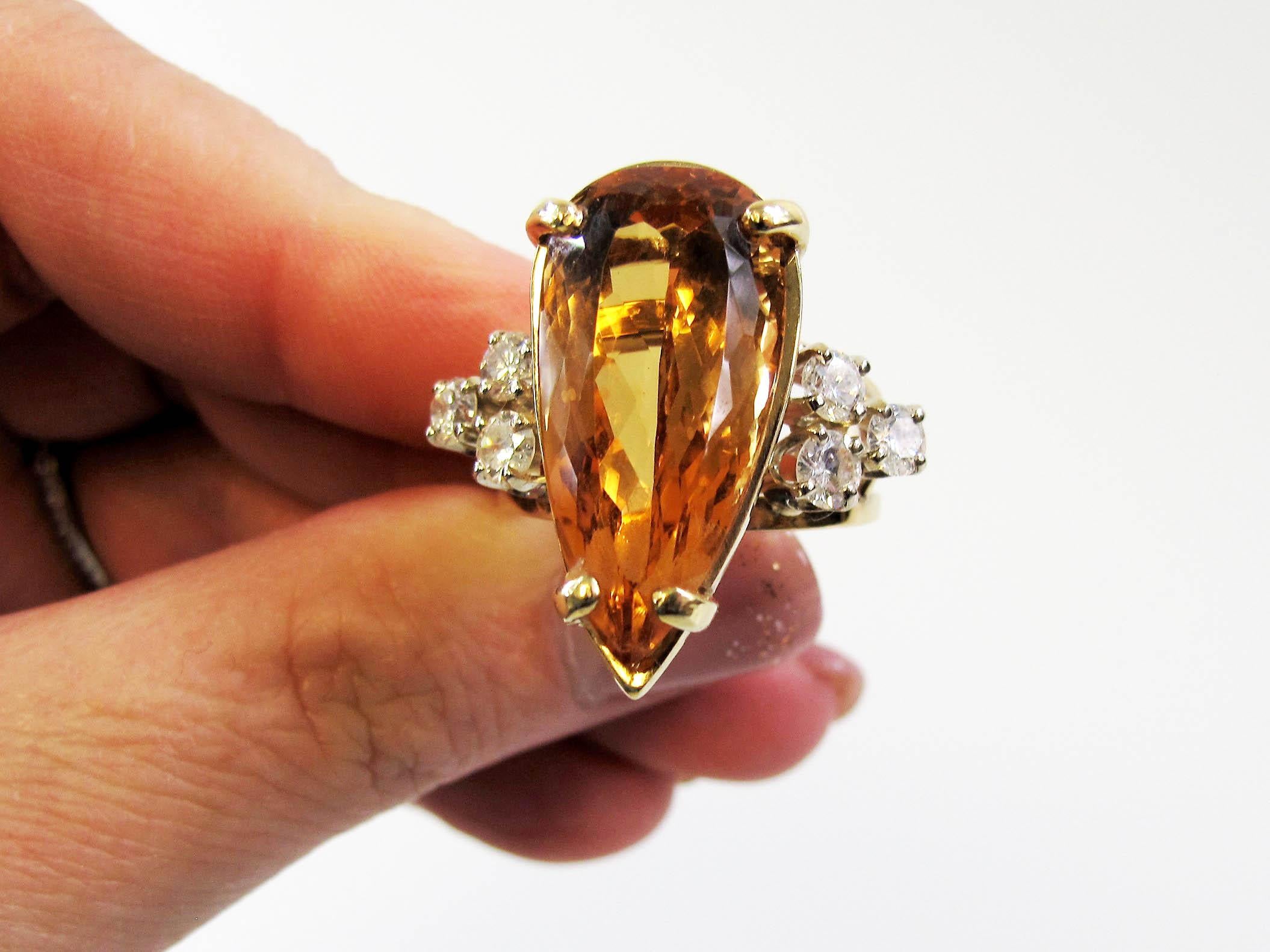 Women's Pear Shape Orange Imperial Topaz and Diamond Cocktail Ring 14 Karat Yellow Gold For Sale