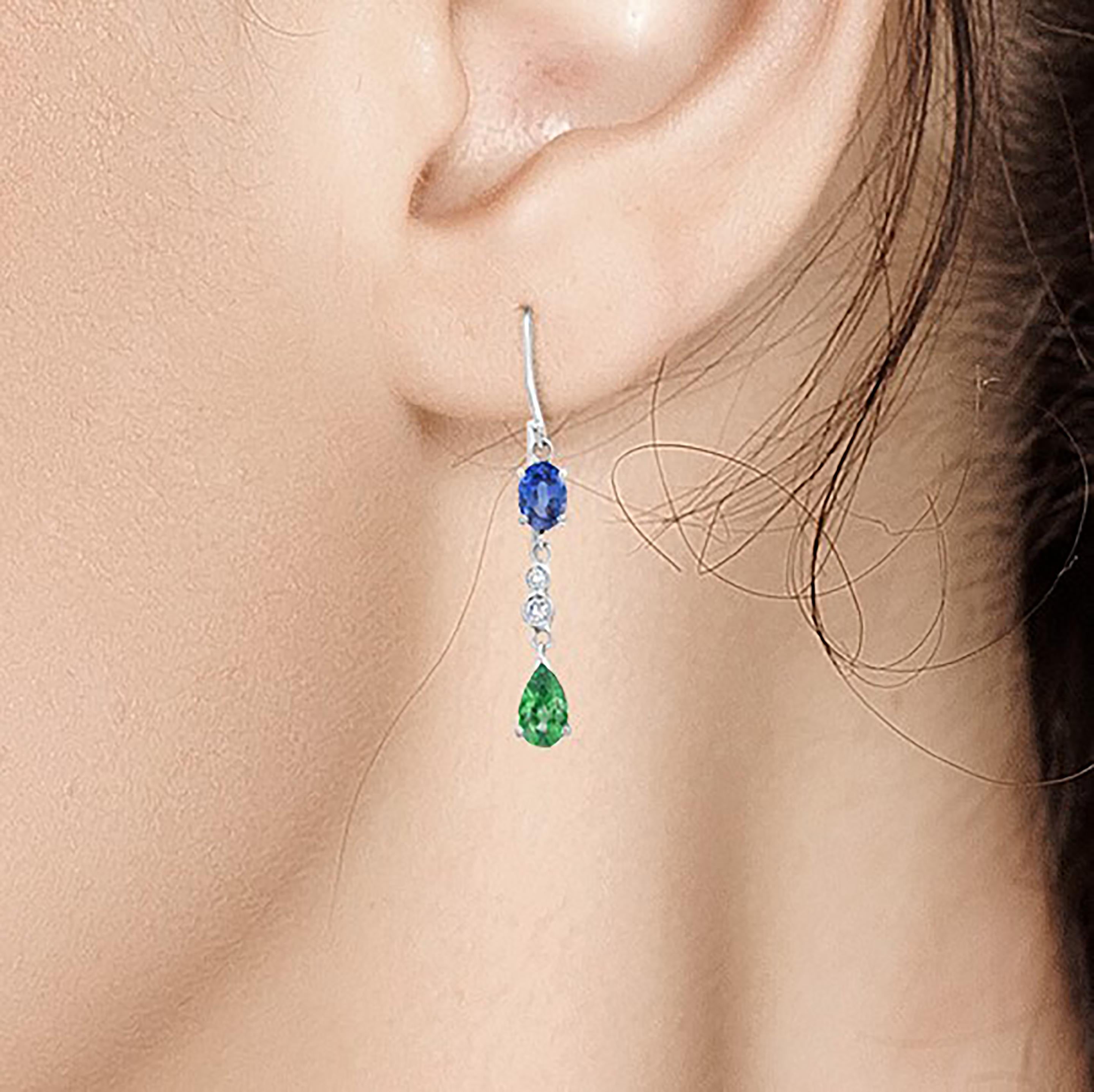Pear Cut Emerald Mirroring Sapphire Diamond Hoop Drop Gold Earrings Weighing 2.35 Carat 