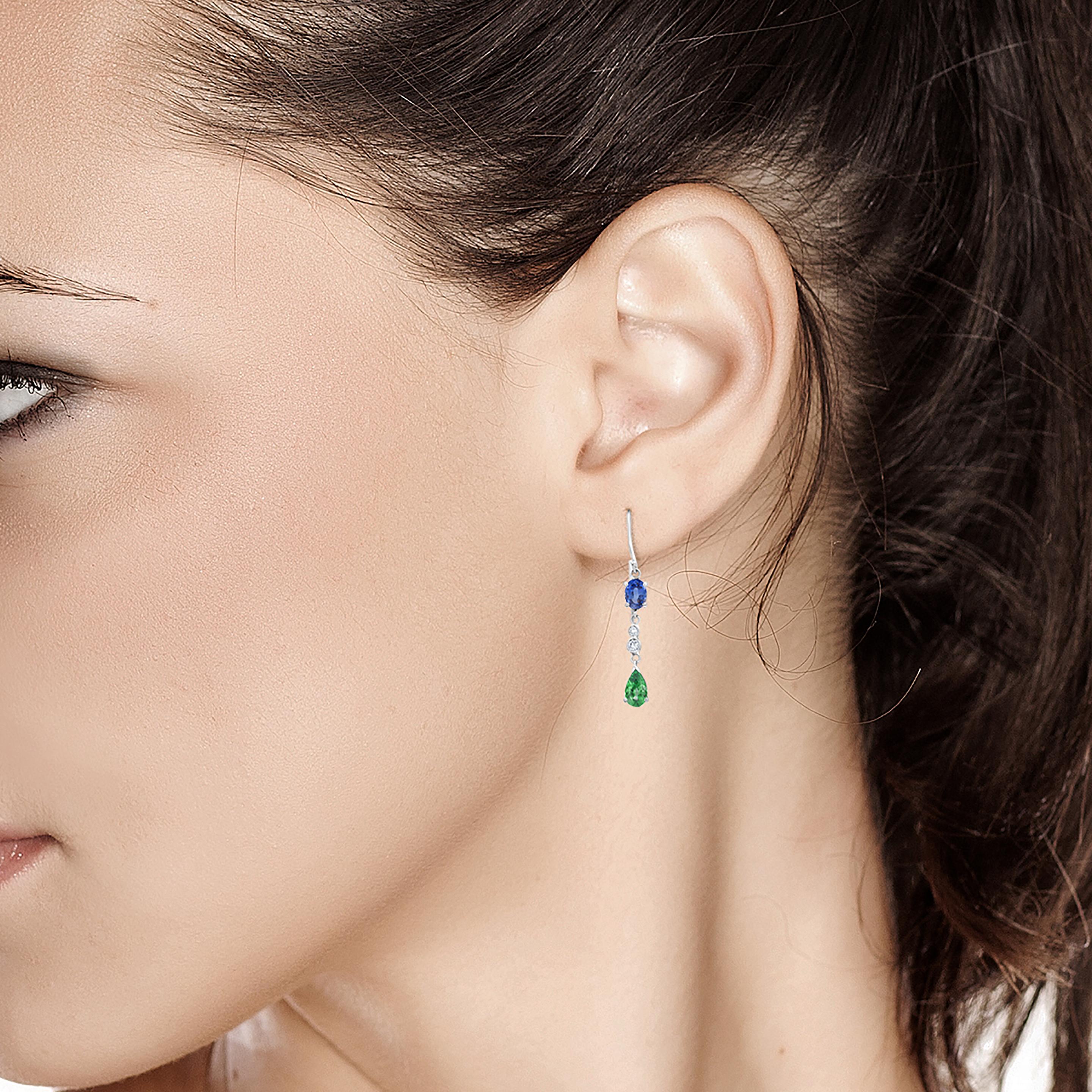 Emerald Mirroring Sapphire Diamond Hoop Drop Gold Earrings Weighing 2.35 Carat  2
